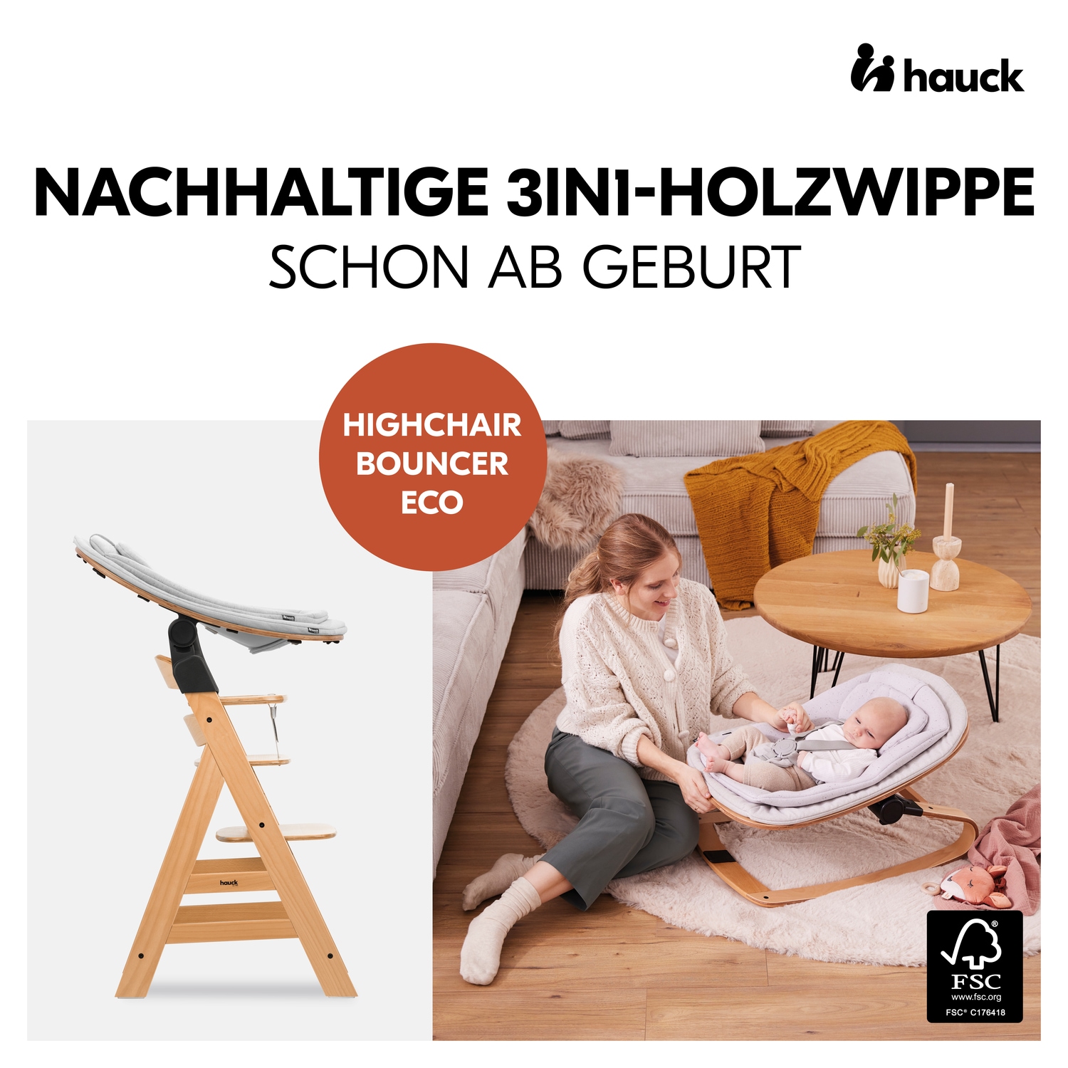 Hauck Hochstuhlaufsatz »Eco Bouncer« bis, 15 kg, inkl. Wippengestell und Alpha-Adapter; FSC® - schützt Wald - weltweit