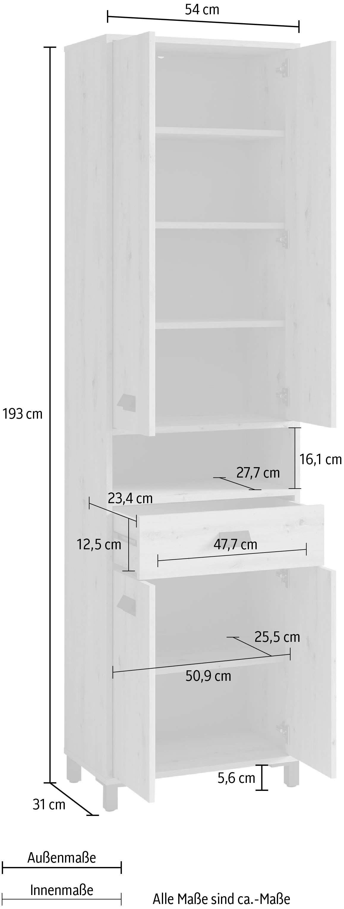 byLIVING Hochschrank »Wellness«, Badezimmer Hochschrank mit 4 Türen und Schubkasten für viel Stauraum