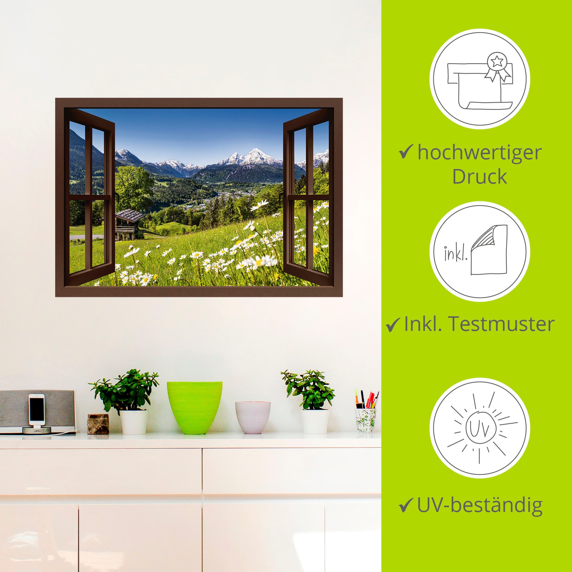 Artland Wandbild »Fensterblick Bayerischen Alpen«, Berge, (1 St.), als Alubild, Outdoorbild, Leinwandbild, Poster, Wandaufkleber