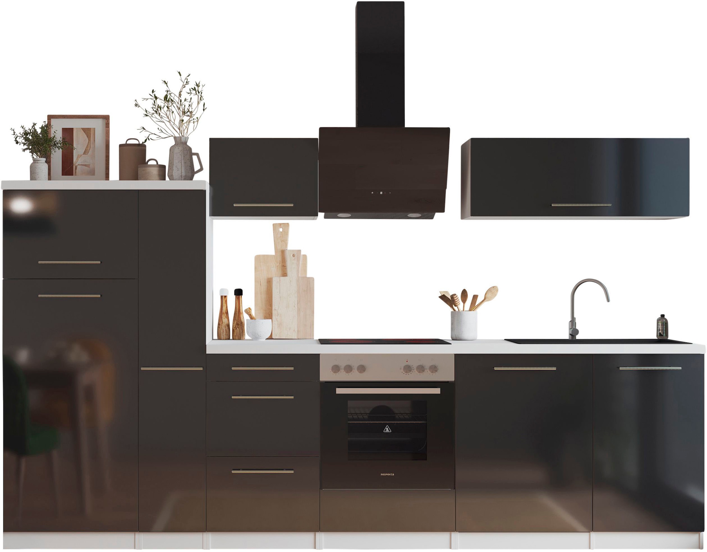 RESPEKTA Küche »Amanda« Breite 310 cm, mit Soft-Close, inklusive Elektrogeräte: Geschirrspüler, Kühl-/Gefrierkombination und Herd-Set, Dunstabzugshaube, 