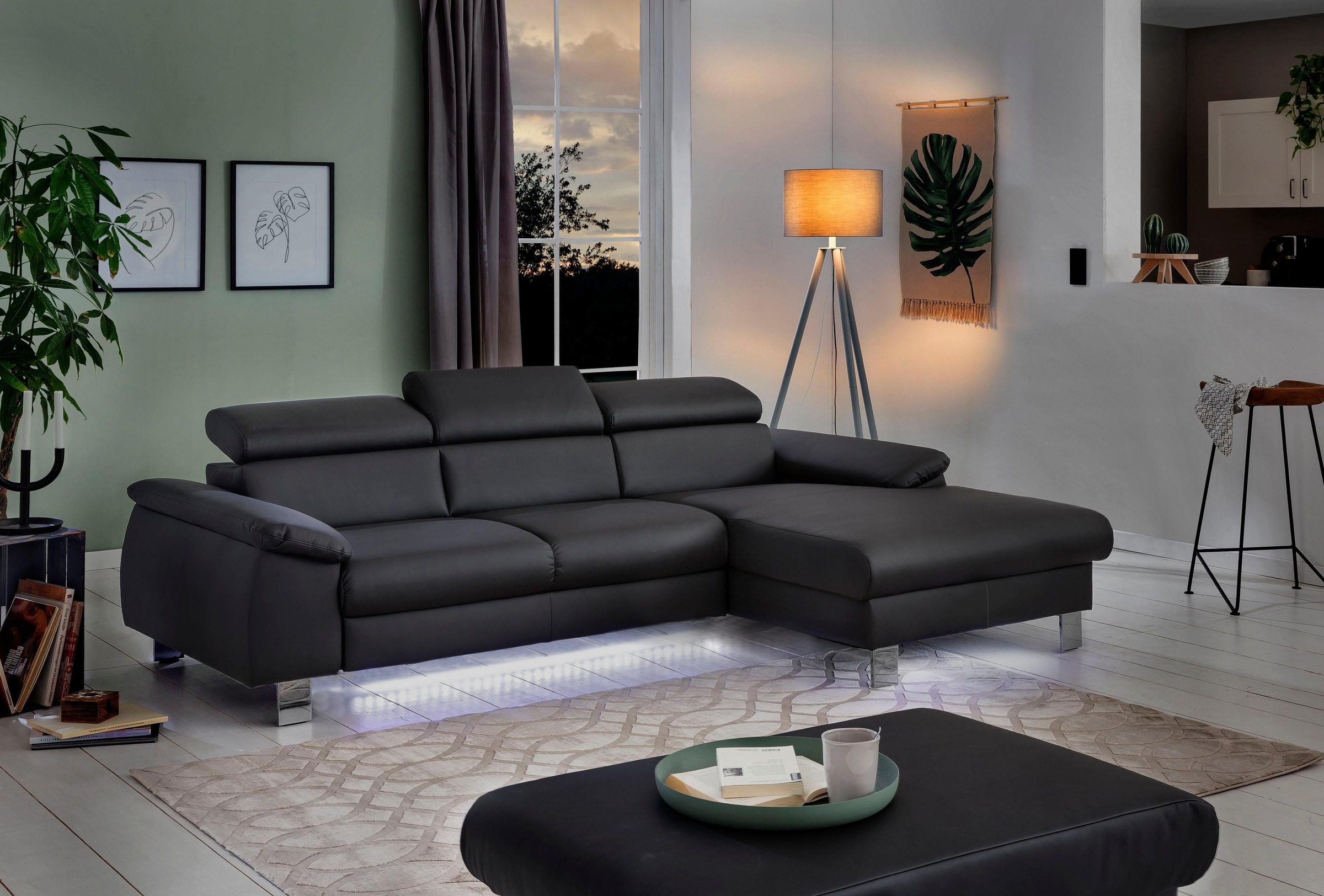 COTTA Polstergarnitur »Komaris L-Form, B: 242 bzw. 100 cm (Set: Ecksofa & Hocker)«, (Set), mit Kopfteilverstellung, optional Bettfunktion, Bettkasten & Licht