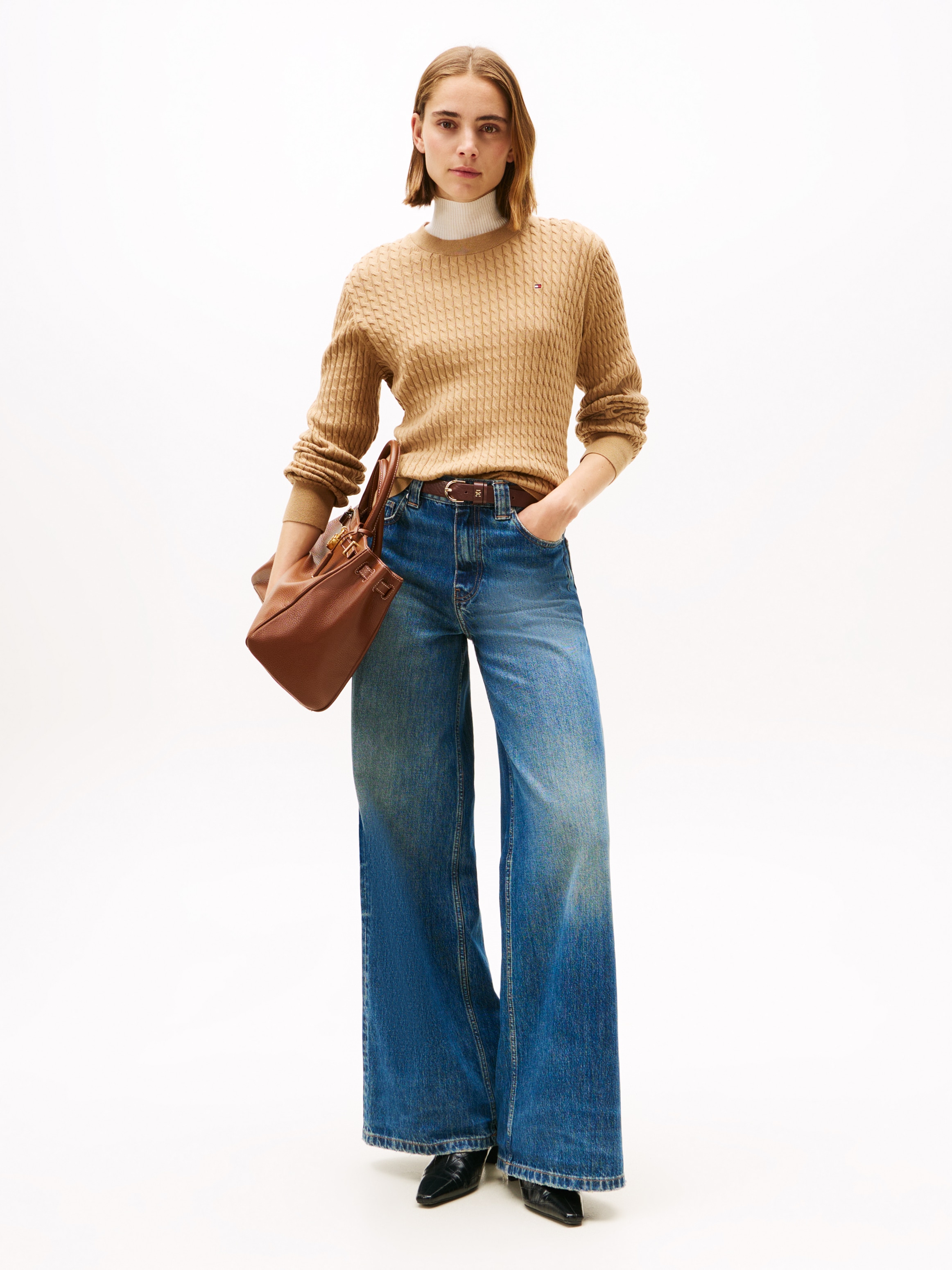 Tommy Hilfiger Rundhalspullover »CO CABLE C-NK LS SWEATER« Baumwolle, mit Zopfmuster