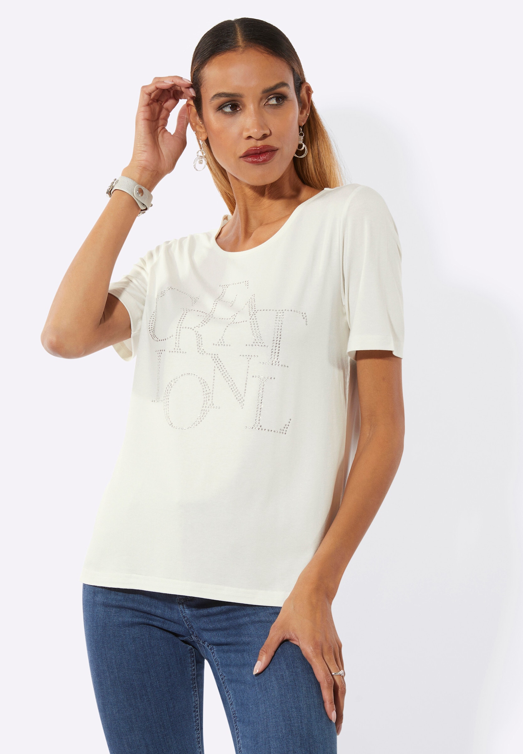 creation L T-Shirt »Shirt Kurzarmshirt mit Schriftzug aus Glitzersteinchen«