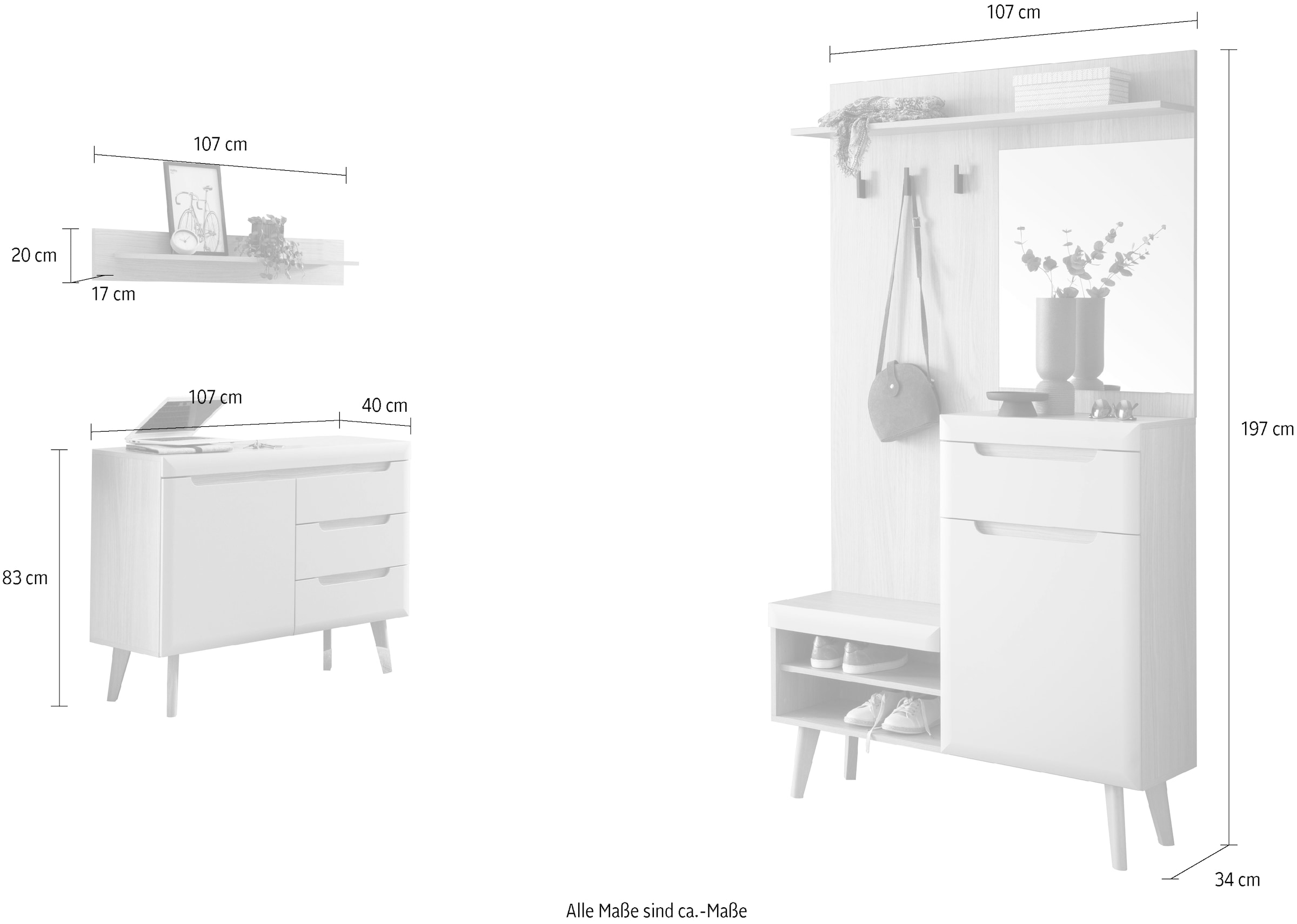 Home affaire Garderoben-Set »Torge, Garderobe mit Stauraum, Garderobenschrank im Scandic Design«, (Set, 3 St.), enthält Sideboard, Garderobe mit Spiegel und Wandboard, in zwei Farben