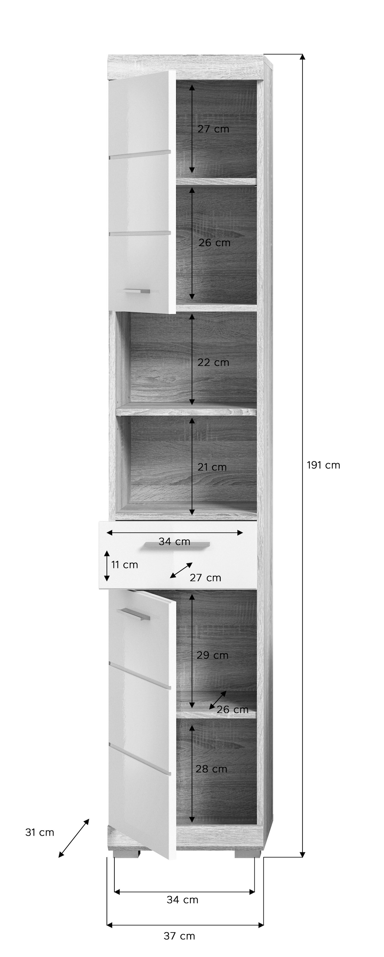 INOSIGN Hochschrank »Siena«, (1 St.), Badmöbel Badschrank, 2 Türen, 2 offene Fächer, Breite 37 cm