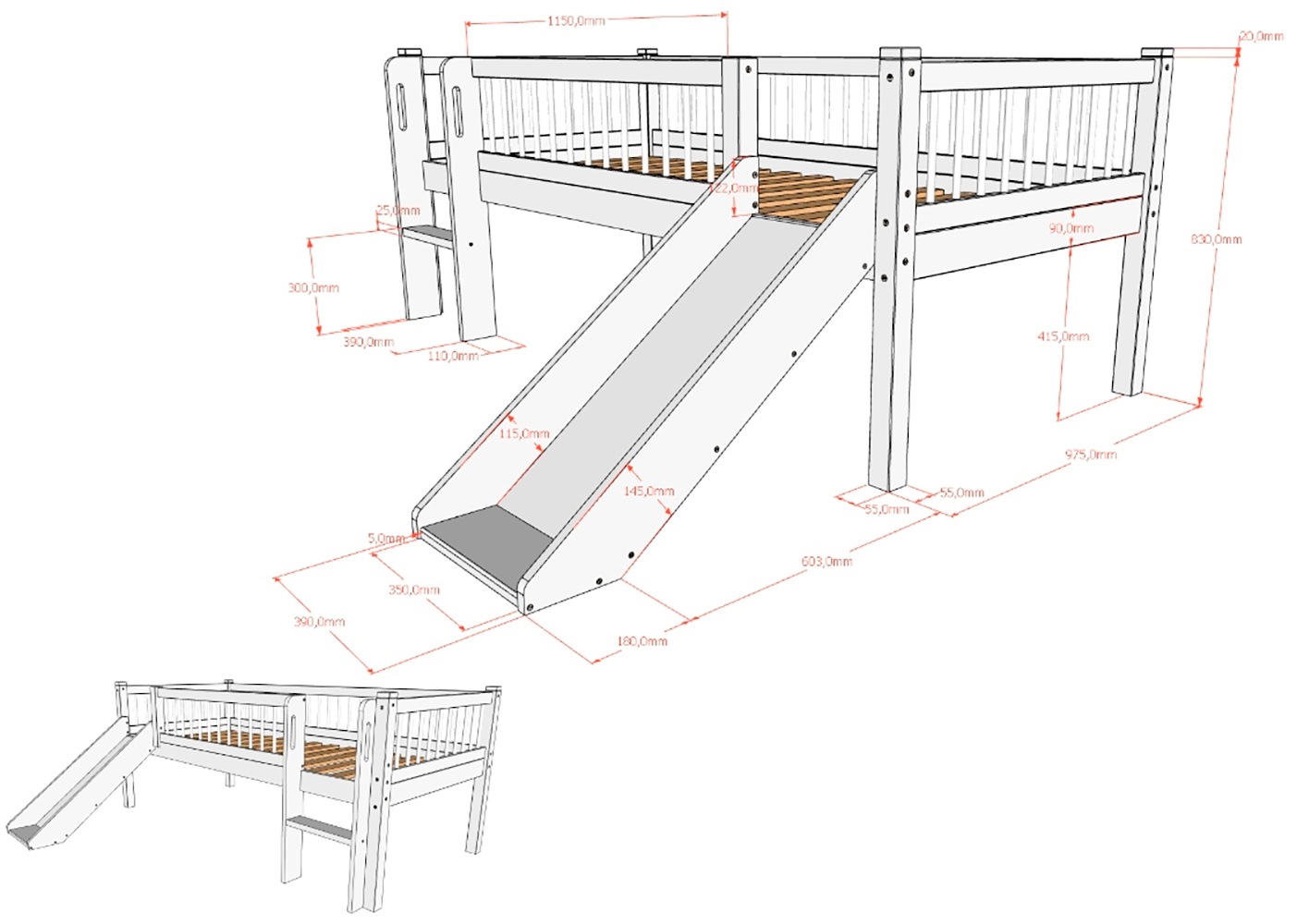 Vipack Massivholzbett »Forrest Made in Europe, stabil und hochwertig gebaut, mit 2 Rollboxen« 90/200 cm, mit Rollrost, Leiter und Rutsche, seitenverkehrt montierbar,  inkl. umlaufenden Absturzschutz in Sprossenoptik, Eiche natur geölt