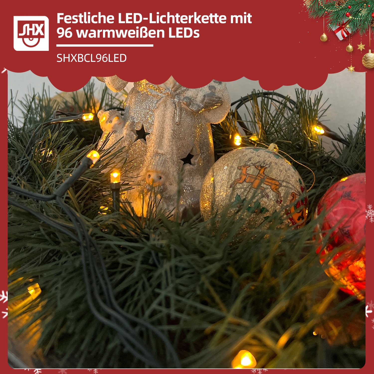 SHX LED-Lichterkette mit 96 LEDs, für innen und außen, 8 Beleuchtungs-Modi