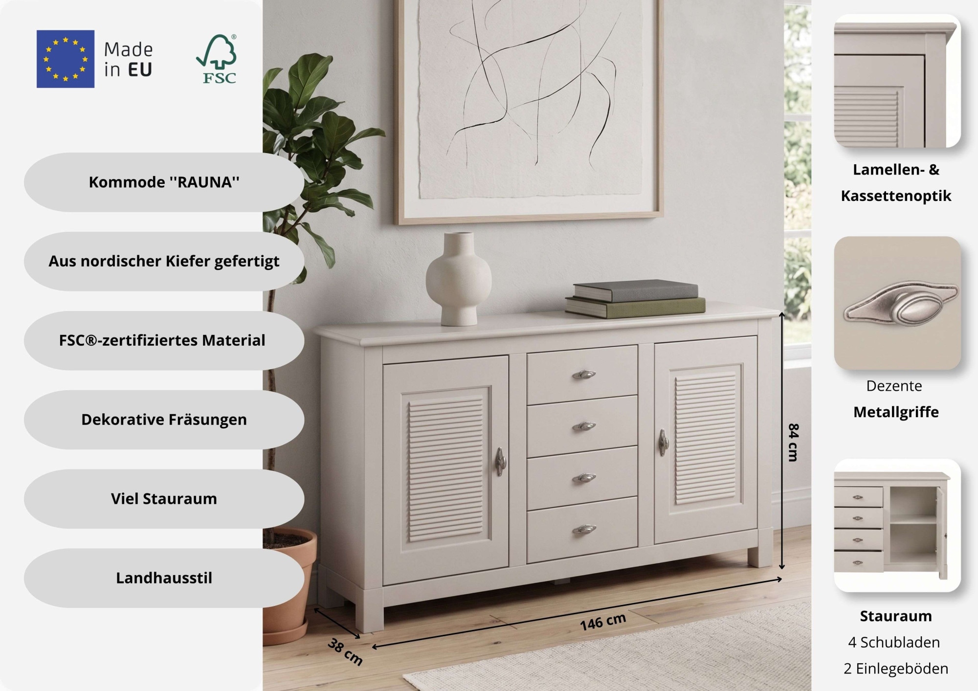 OTTO home Sideboard »Rauna, Kommode, Landhausstil« B/T/H: 150/37/84 cm,  Kommode, FSC®-zertifiziertes Massivholz, Breite 150 cm