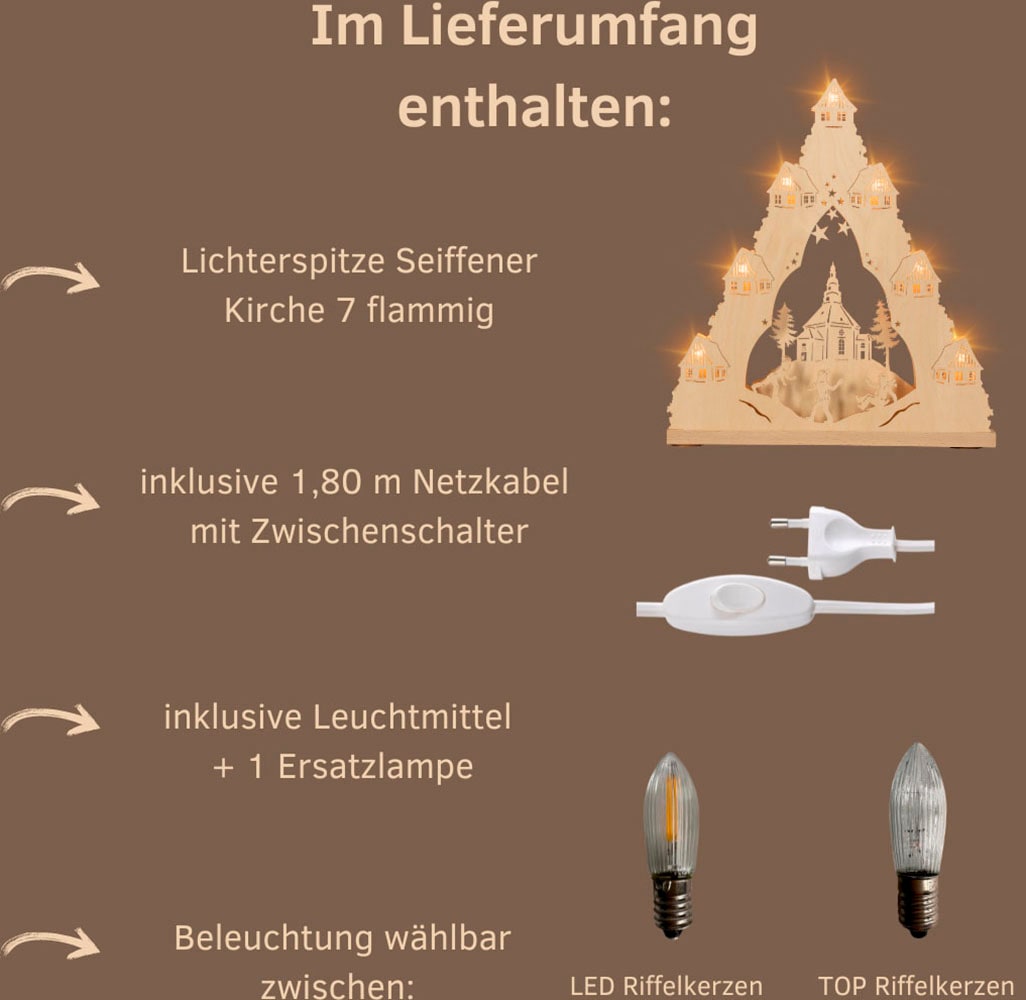 Weigla Schwibbogen »Seiffener Kirche, Lichterspitze aus Holz, NATUR«, Erzgebirge garantiert, Weihnachtsdeko Innen, Weihnachtsbeleuchtung