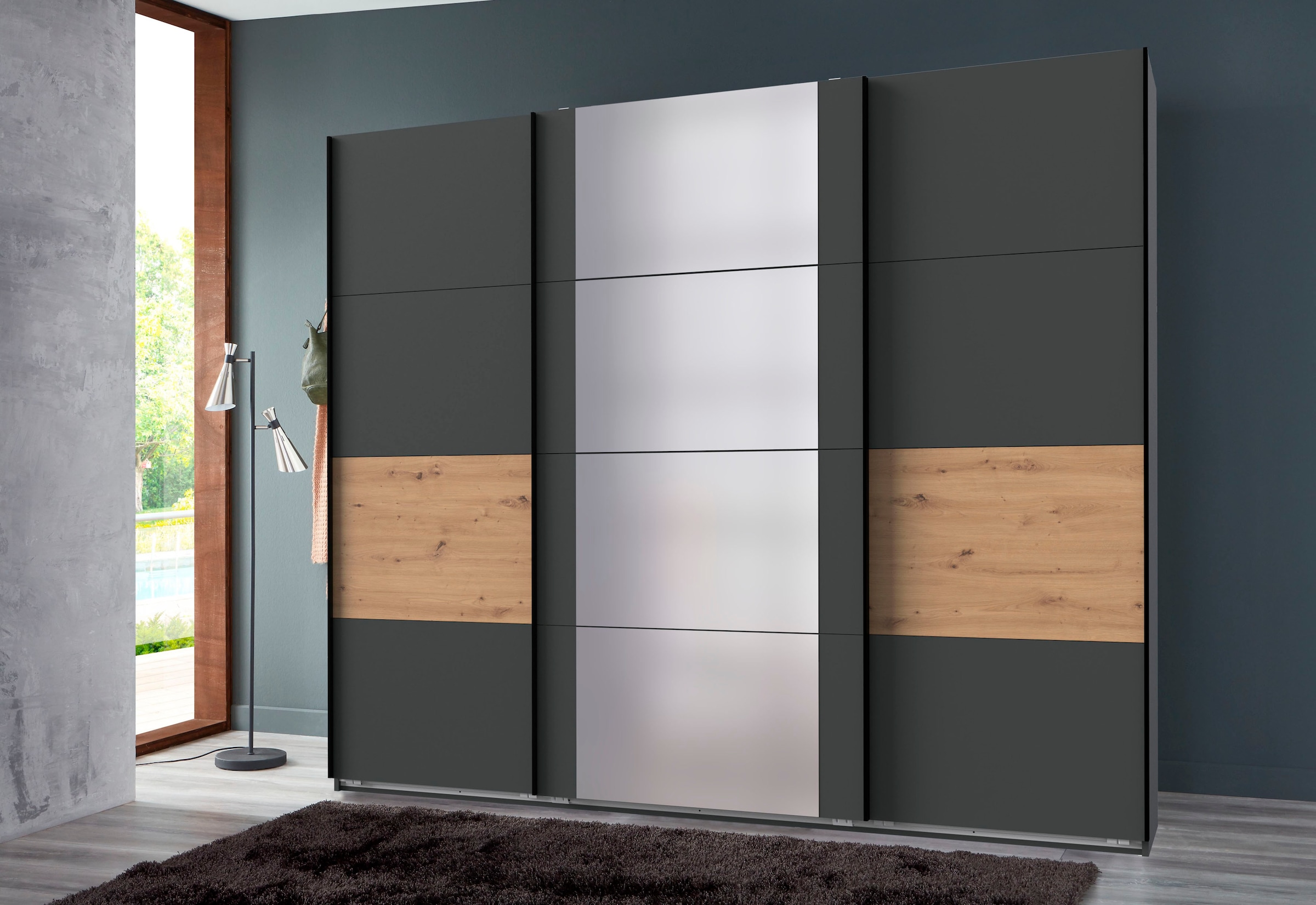 Wimex Schwebetürenschrank »Barmbek Schlafzimmerschrank BESTSELLER Garderobenschrank« Kleiderschrank mit 2 Stoffboxen und 2 zusätzlichen Böden, Spiegeltür