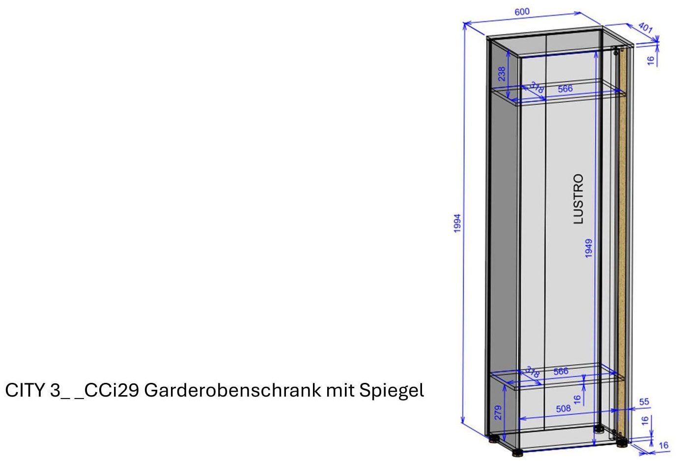 INOSIGN Garderobenschrank »GIRON/ CiTY, Schrank in Wotan Eiche, Kleiderschrank mit Stauraum«, Spiegeltür, Teleskopauszug, Tür beidseitig montierbar, 60 cm breit