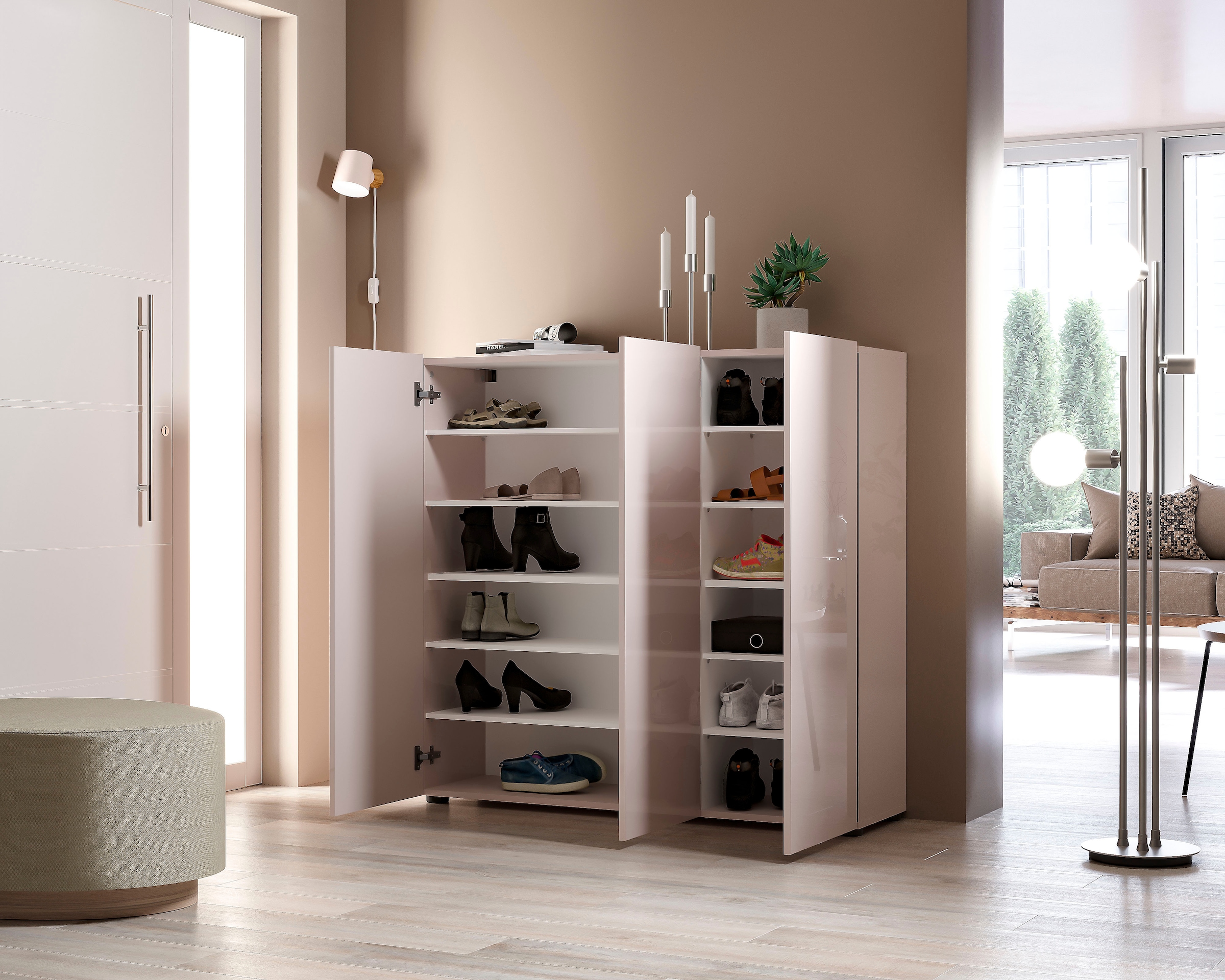 Home affaire Schuhschrank »MISTER- Schuhregal, Made in Italy, 12 Fächer, 10 Einlegeböden« Breite 120 cm, höhe 114 cm, komplett Hochglanz lackiert