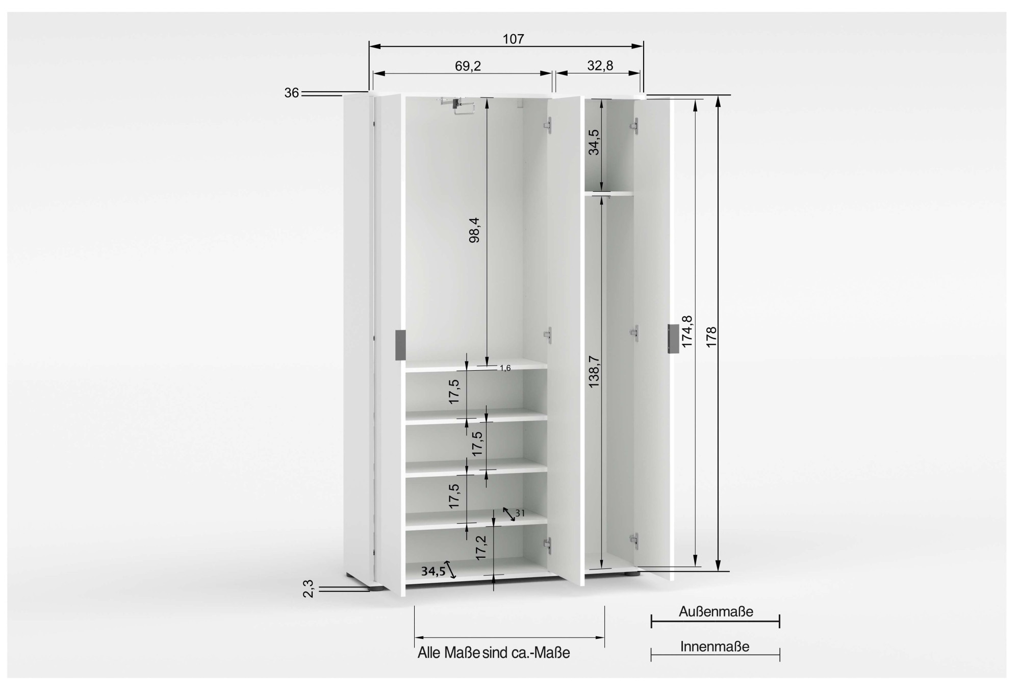 INOSIGN Mehrzweckschrank »Stauraumschrank , Breite 107 cm , Höhe 178 cm« 1 Stk. tlg. 3 Türen,1 kl.+3 große Böden,1 Auszugsstange,Schrank Hochglanz lackiert