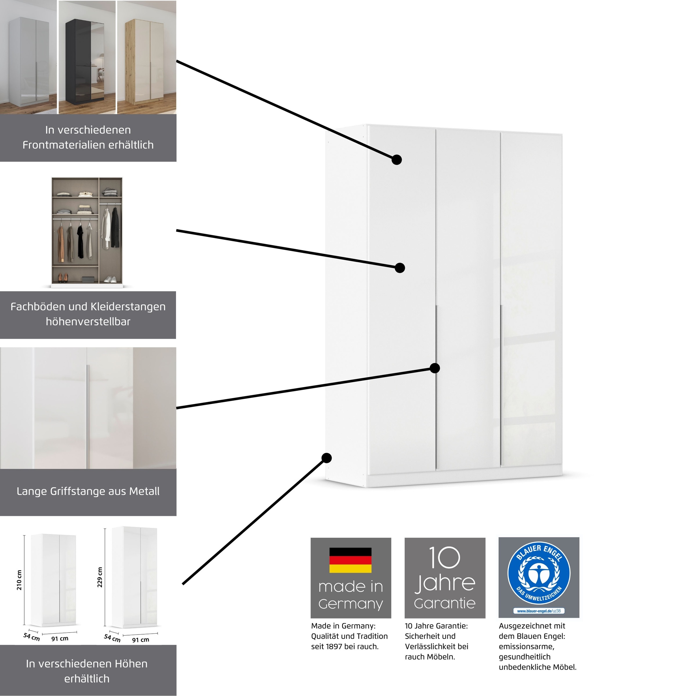 rauch Drehtürenschrank »Kleiderschrank Kleiderschränke Schrank Garderobe AGORDO mit Glasfront«, (in zwei Griff-Farben, Breiten 91-360 cm), durchdachte Innenausstattung, in 7 Breiten und 2 Höhen MADE IN GERMANY