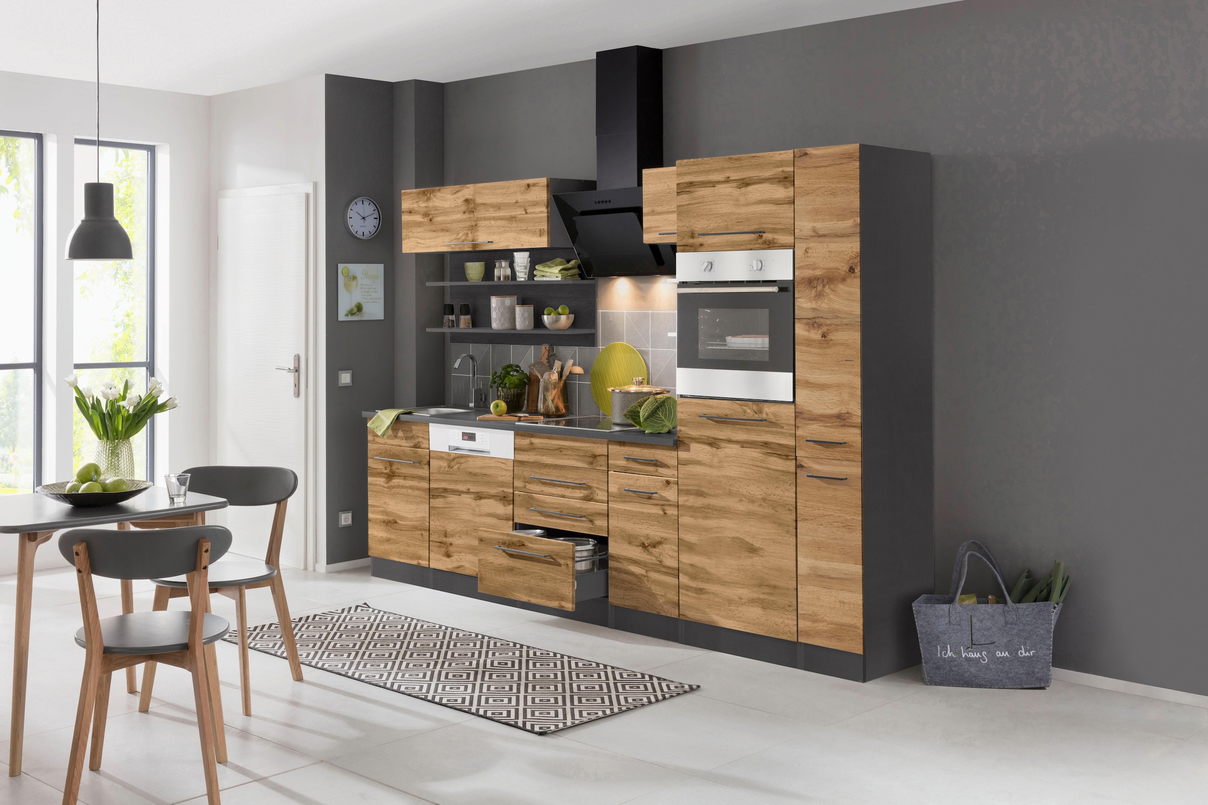 KOCHSTATION Küchenzeile »KS-Tulsa« ohne E-Geräte, Breite 270 cm, schwarze Metallgriffe, MDF Fronten