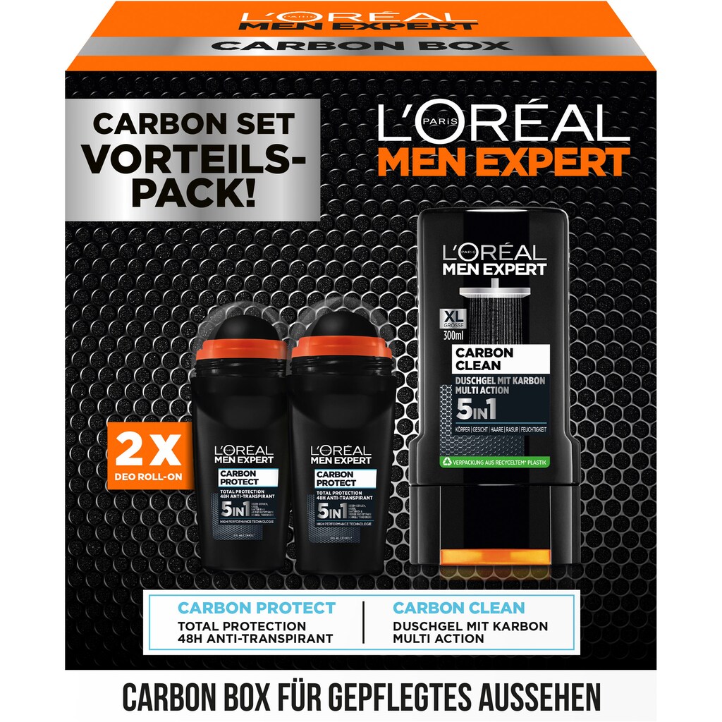 L'ORÉAL PARIS MEN EXPERT Deo-Set »Carbon Box mit Deo + Duschgel«, (3 tlg.)