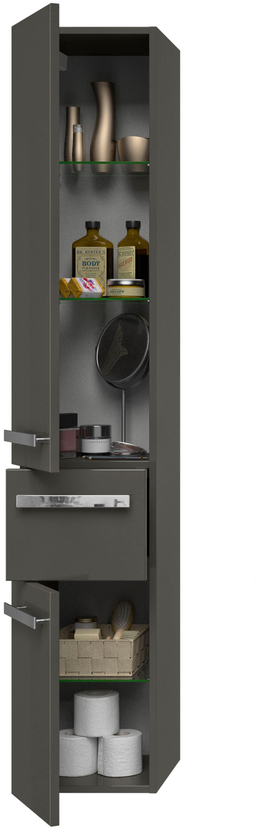Saphir Badmöbel-Set »Serie 4005, vormontiert, Glaswaschbecken, Spiegelschrank«, (Set, 6 St.), Badezimmer-Set mit Unterschrank, Hängeschrank, Hochschrank, Türdämpfer
