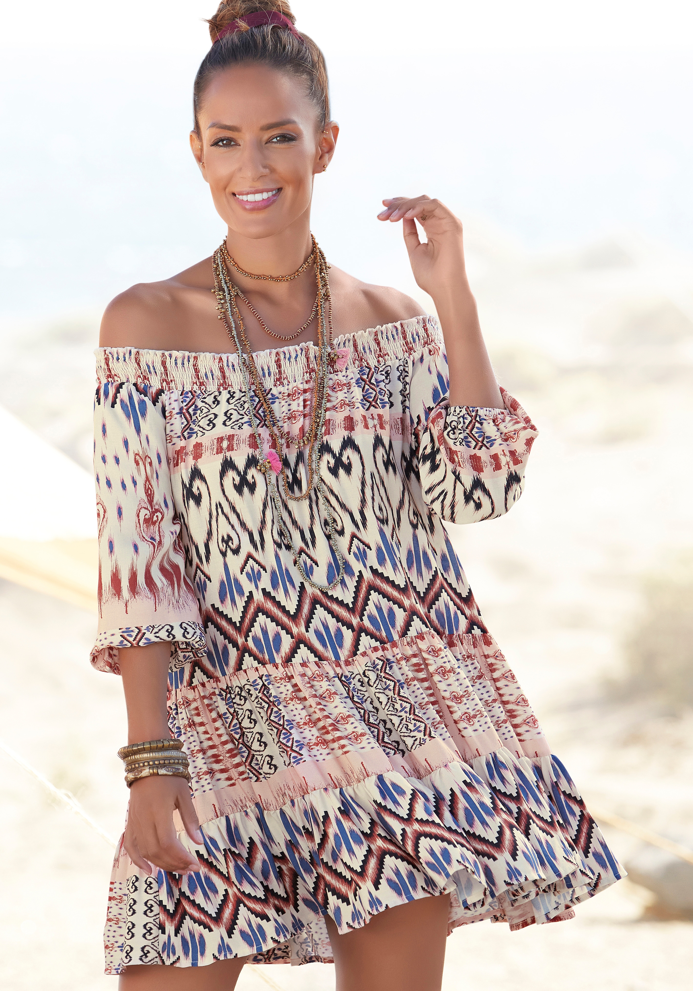 Buffalo Tunikakleid "mit Carmenausschnitt, luftiges Strandkleid mit Ethnomuster" Ohne Taschen Beachkleid, Sommerkleid, Viskosekleid, Hängerchenkleid,