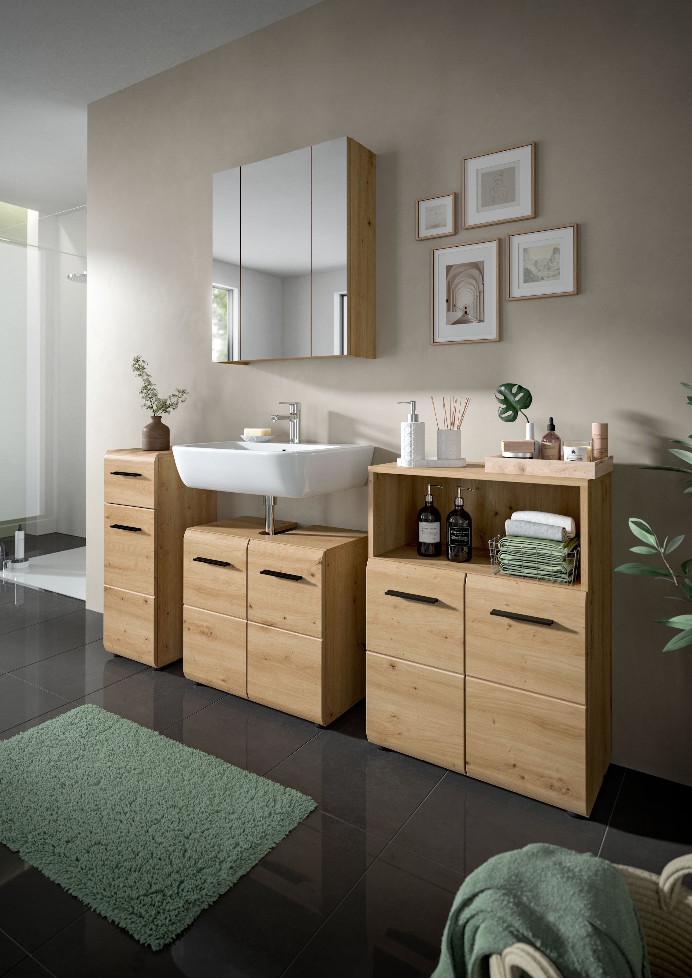 INOSIGN Badmöbel-Set »FLORENZ, TOPSELLER!, 3-teilige Badkombination, hochwertige MDF-Front«, (Set, 3 St., best. aus: Waschbeckenunterschrank, Spiegelschrank, Midischrank breit), Bad-Kombination, Bad-Möbel, Badezimmer, Kombination, Kombi