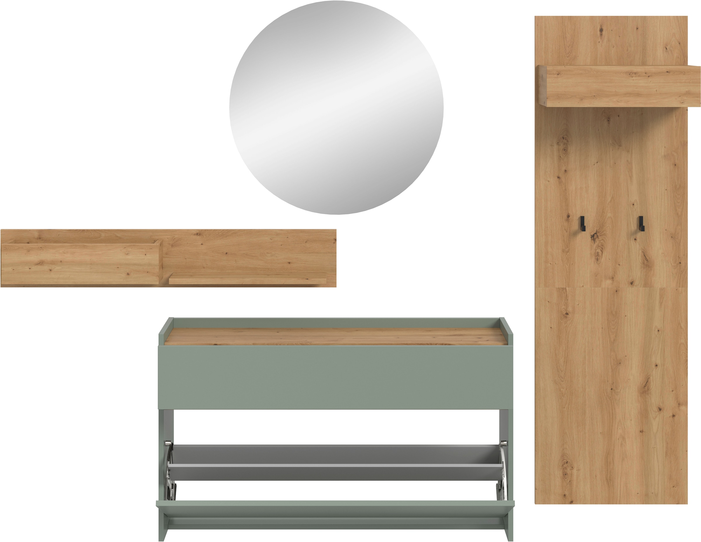Home affaire Garderoben-Set »EVRID, 4-teilig, Breite 205 cm, individuell hängbar & erweiterbar« best. aus: Wandboard, Kommode, Spiegel, Garderobenpaneel, 4 Stk. tlg.
