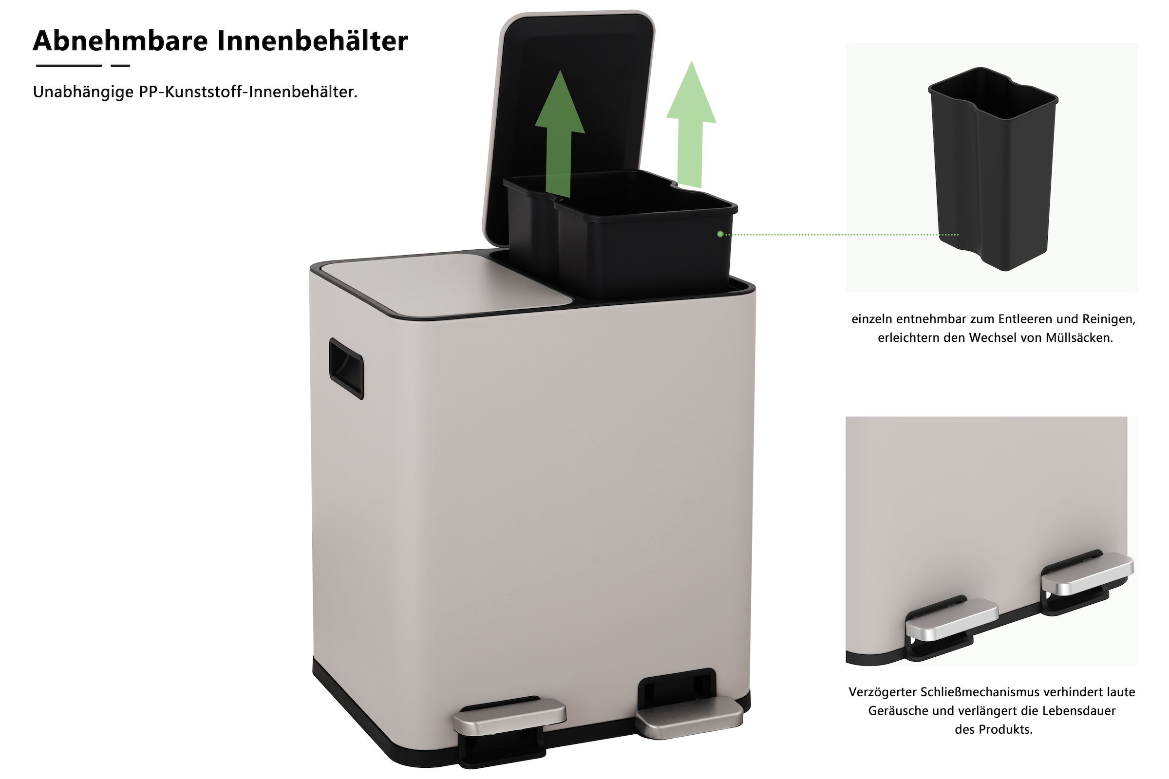 OTTO home Mülleimer »Garrin, mit 2 Fächern, Fassungsvermögen jeweils 15 Liter bzw. 30 Liter« 2 Behälter Mülltrennsystem mit 2 separaten Innenbehältern und Fußtrittpedalen