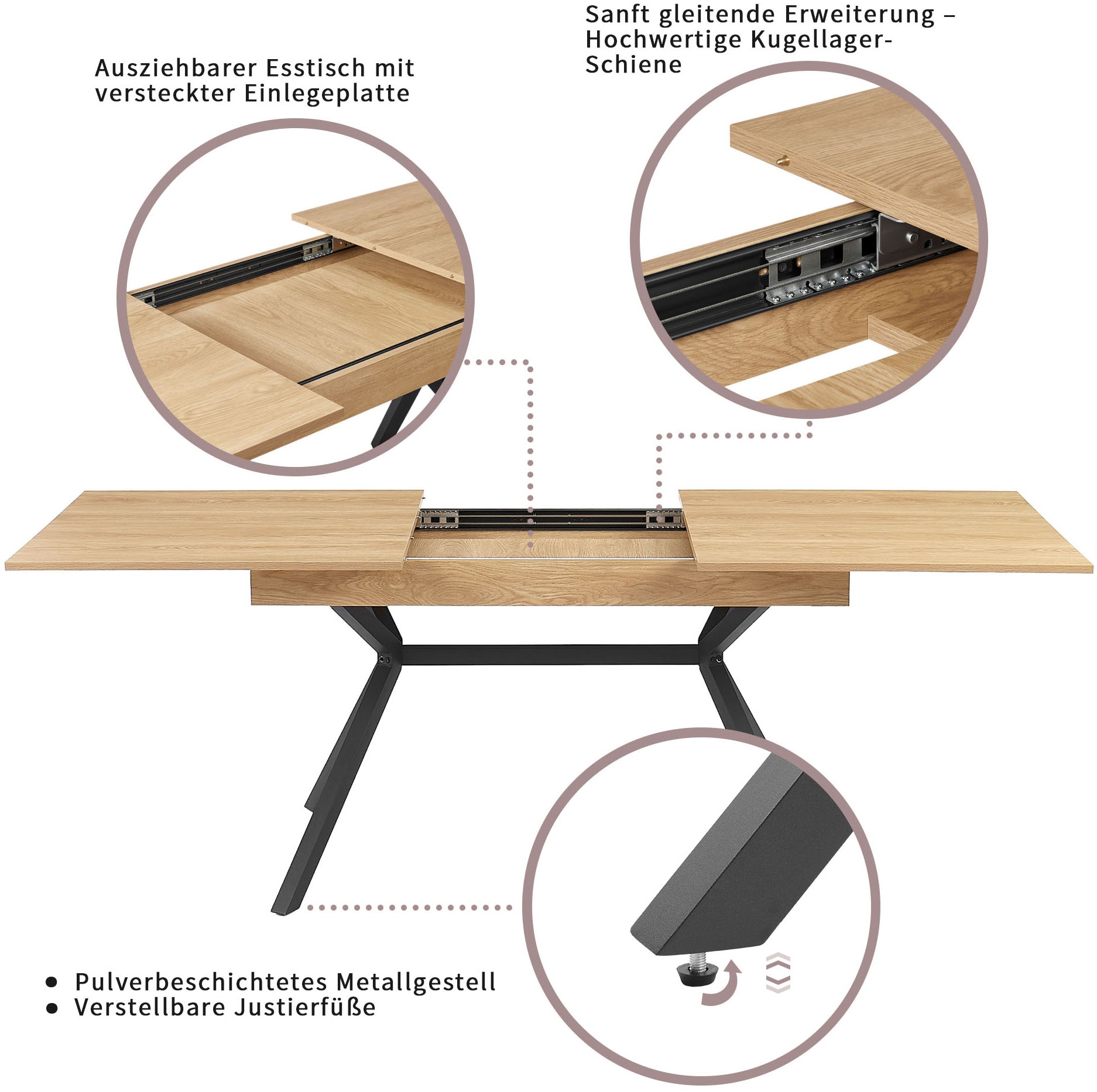 OTTO home Essgruppe »Vendy«, (Set, 7 tlg.), pflegeleichte Strukturstoff-Stühle, 3D-Steppung, ausziehbarer Tisch