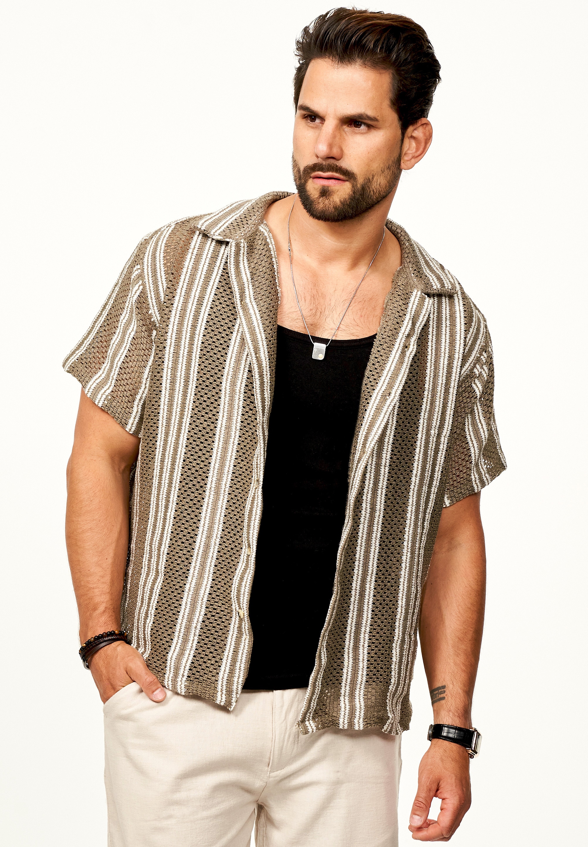 SOULSTAR Kurzarmhemd »Freizeithemd als Kurzam Strick Hemd im Retro-Look - Strick Polo-Hemd Overshirt im Regular-Fit für Herren« Overshirt im Regular-Fit Freizeithemd T-Shirt