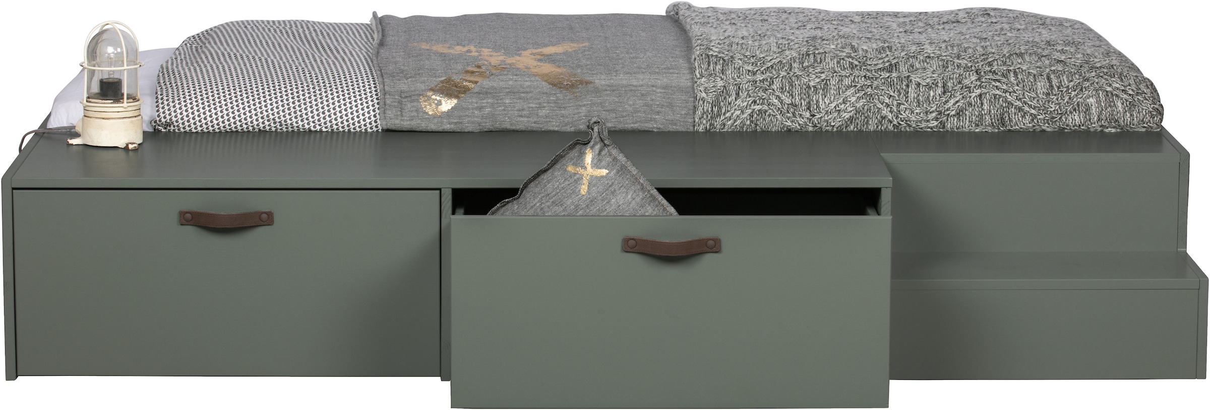 WOOOD Stauraumbett »Stage Massivholz FSC®-Kiefernholz mit Trittstufen 204 x 131 x 35 cm« Rollauszüge mit Ledergriff, breite Holzkante, Matratzenmaß 80x200 cm