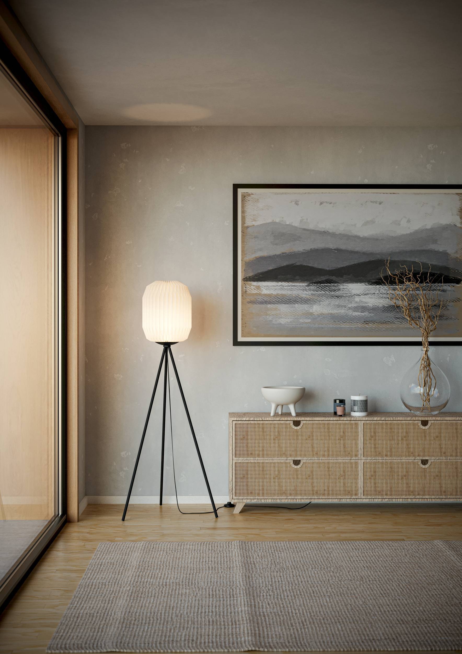 EGLO Stehlampe »Belgrave Stehlampe japanisch, aus Metall und Papier, Dreibein Lampe« E27 1 Stk. Stehleuchte - H141,5 x Ø30 cm - schwarz - 1X60W exkl.