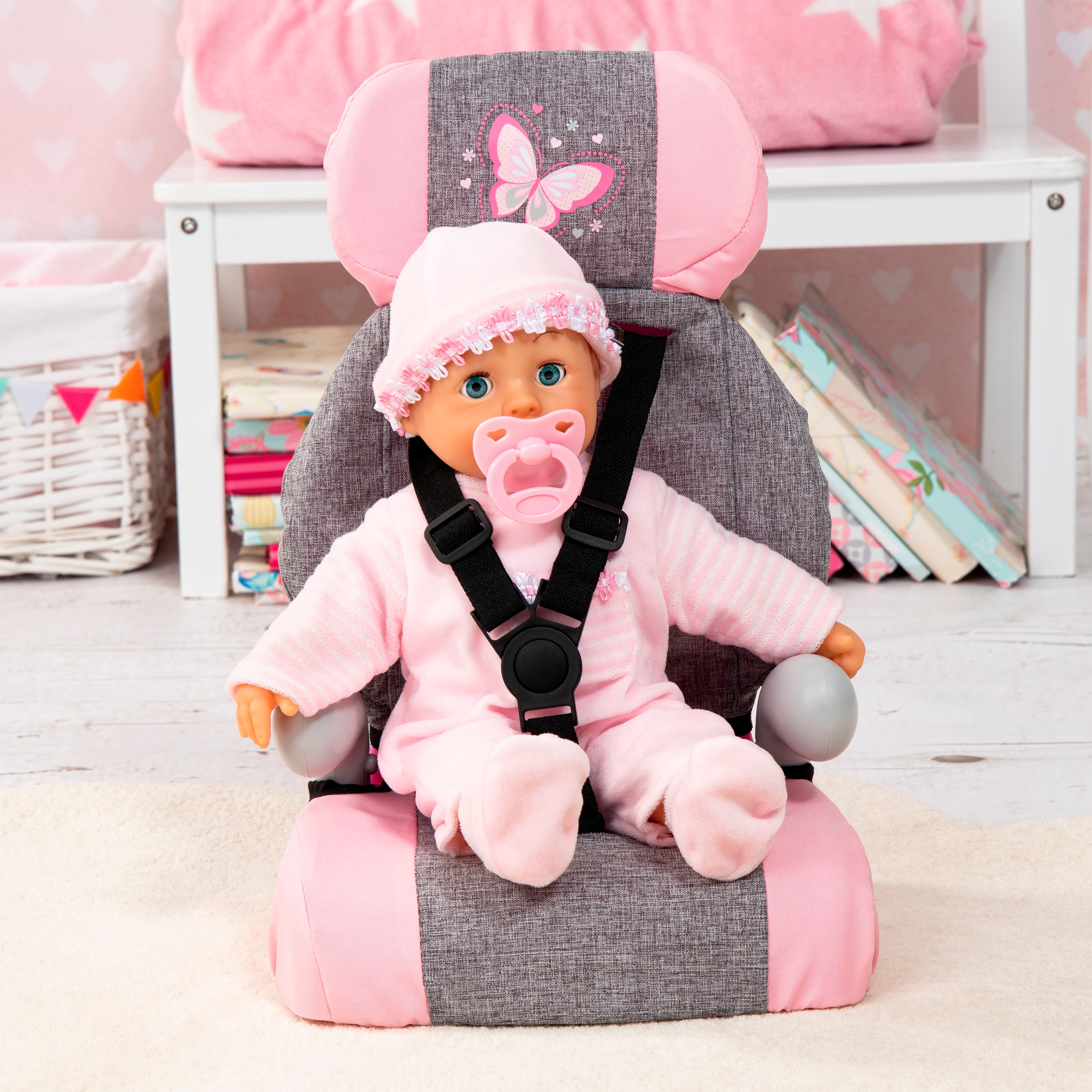 Bayer Puppen Autositz »Deluxe grau/rosa Schmetterling«