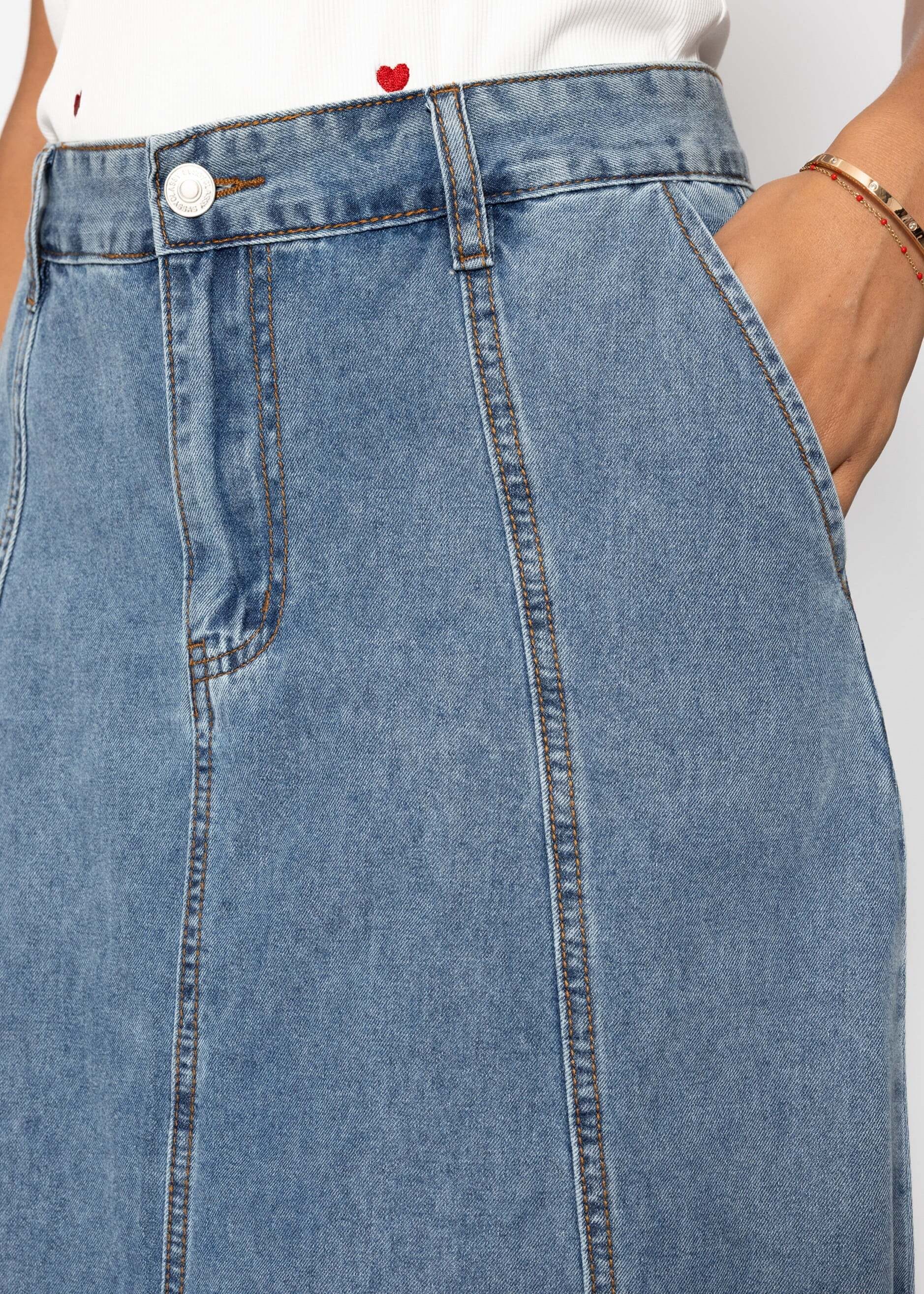 SASSYCLASSY Jeansrock »Midi Jeans Rock mit Teilungsnähten« Midi Rock Damen aus Baumwolle mit Teilungsnähten Blau