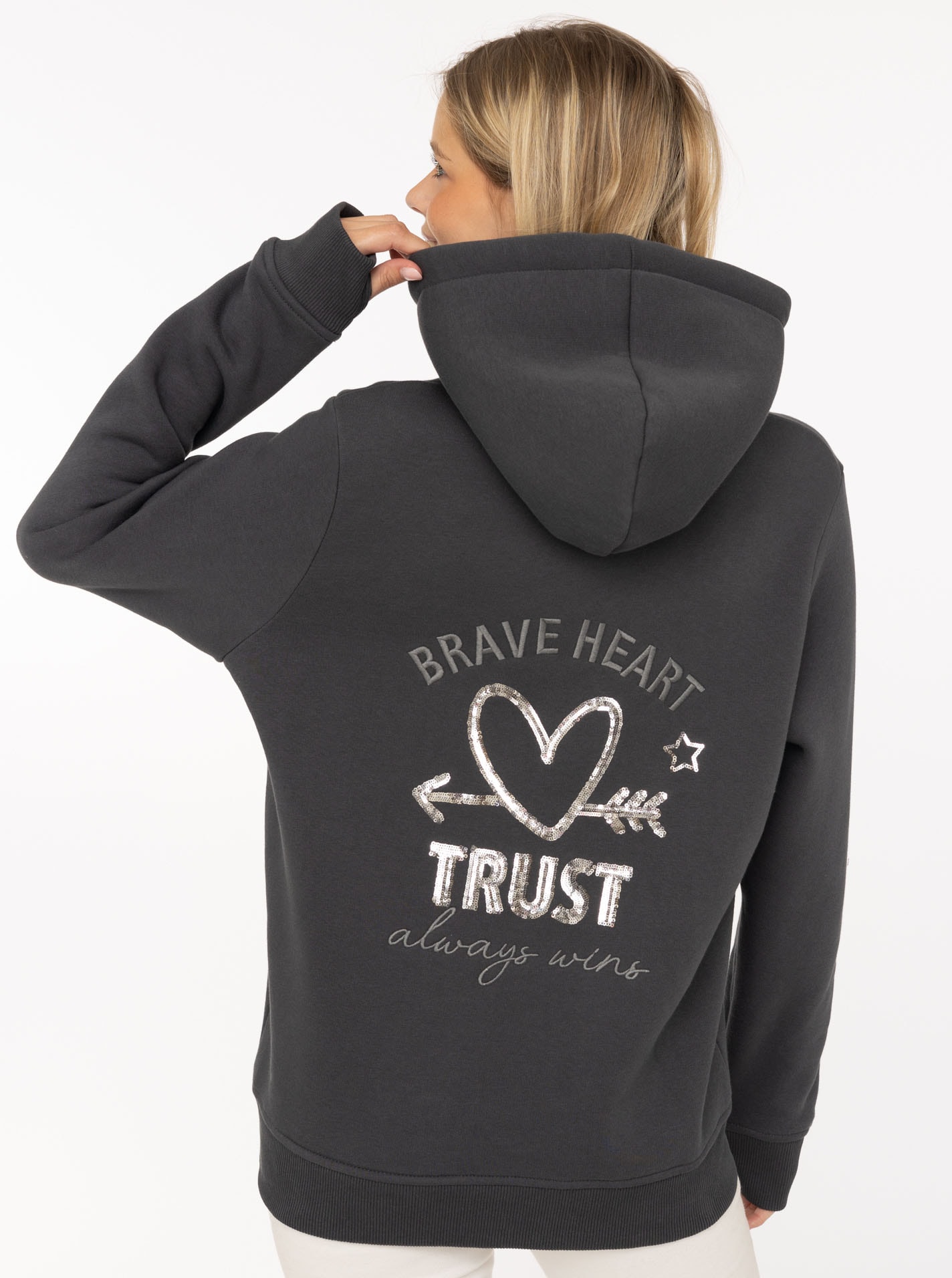 Zwillingsherz Hoodie »"Trust"«, Pailletten Herz und Schriftzug, glänzende Kordel
