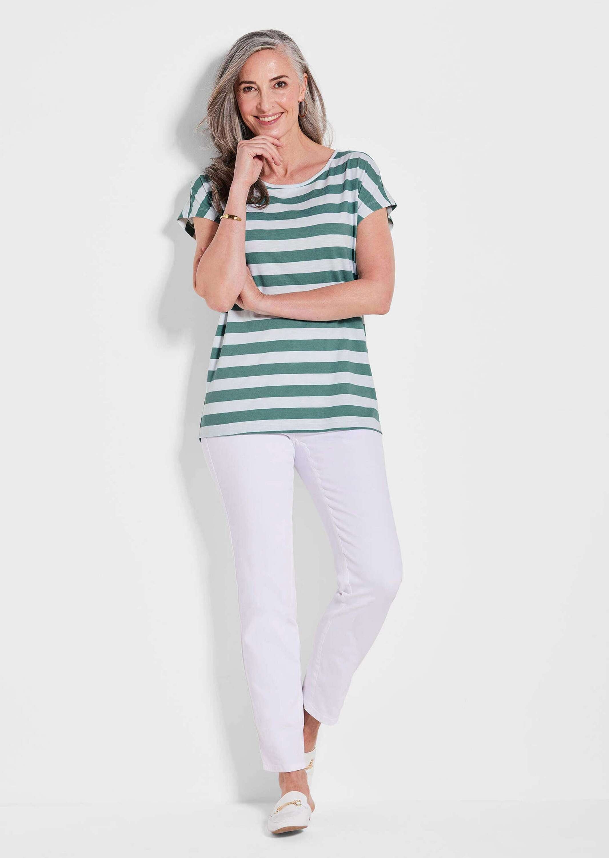 GOLDNER Kurzarmshirt »Kurzgröße Modisches Blockstreifen-Oberteil« Verlängertes Rückenteil