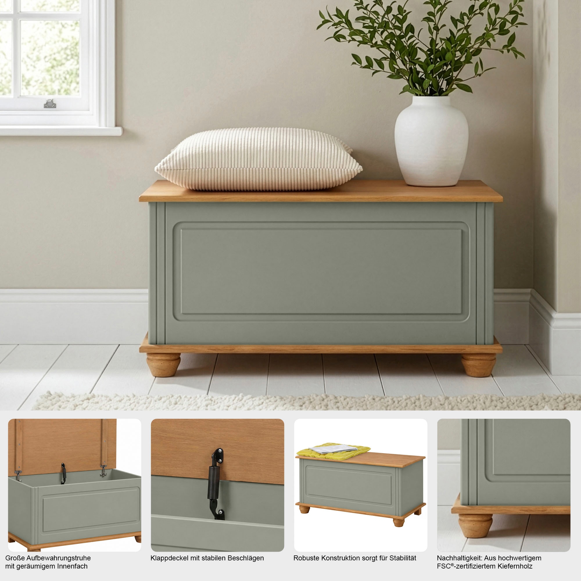 OTTO home Sitztruhe »Finca« aus massivem Kiefernholz, 85 x 43 x 45 cm, mit praktischem Stauraum