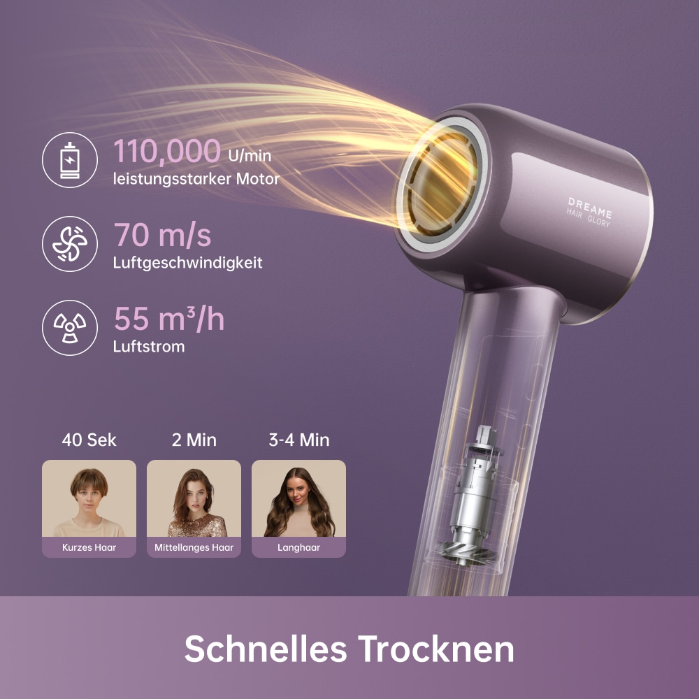 Dreame Haartrockner »Glory Combo Purple« 1.600 W 2 Aufsätze Hitzeschutz, Diffusor, Ionen