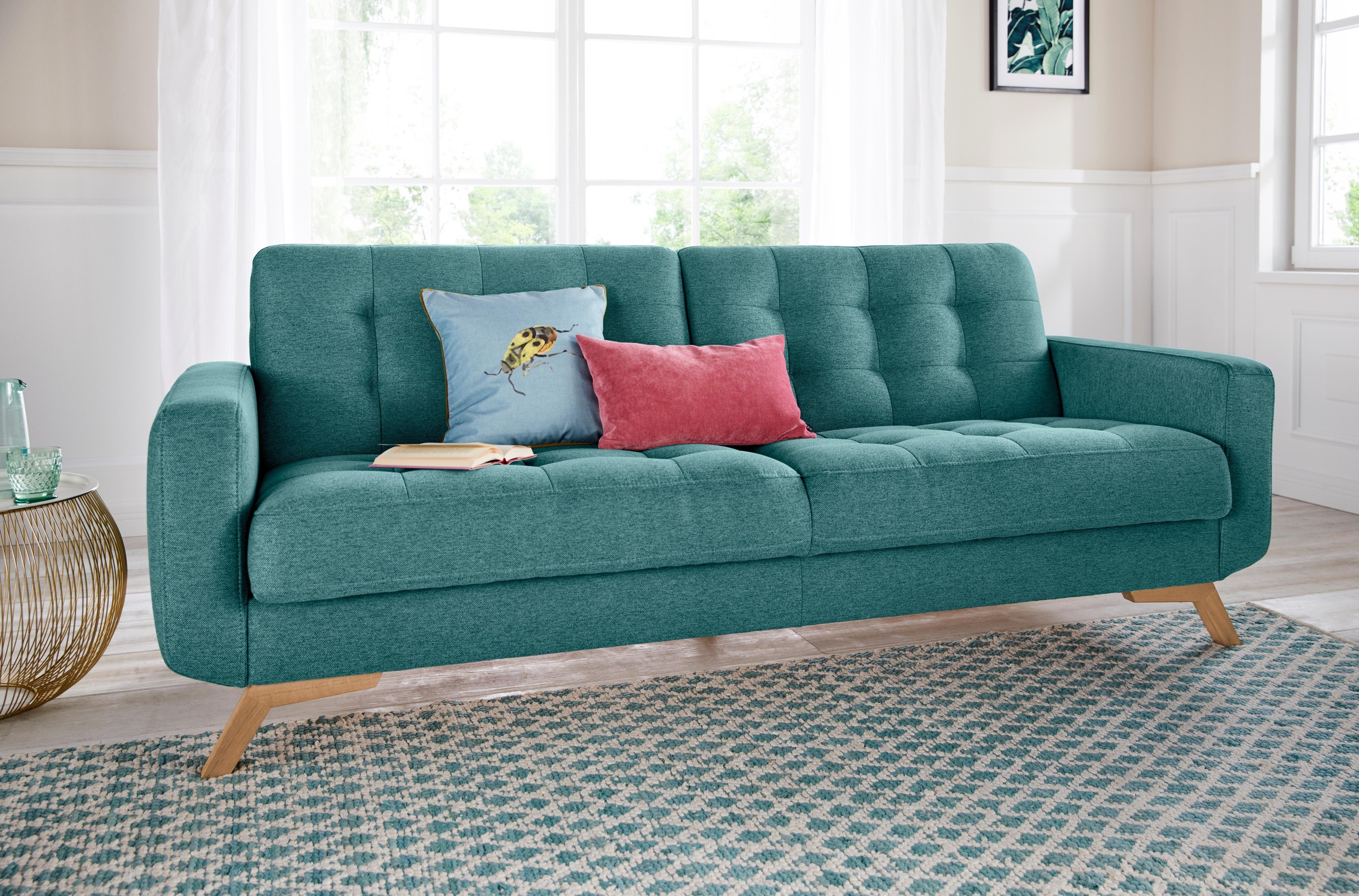 exxpo - sofa fashion 3-Sitzer »Fiord, aktuelles Design, tolle Detailverarbeitung im Sitz und Rücken«, bequem, wahlweise Kippcouch mit Bettfunktion und Bettkasten, Holzfuß