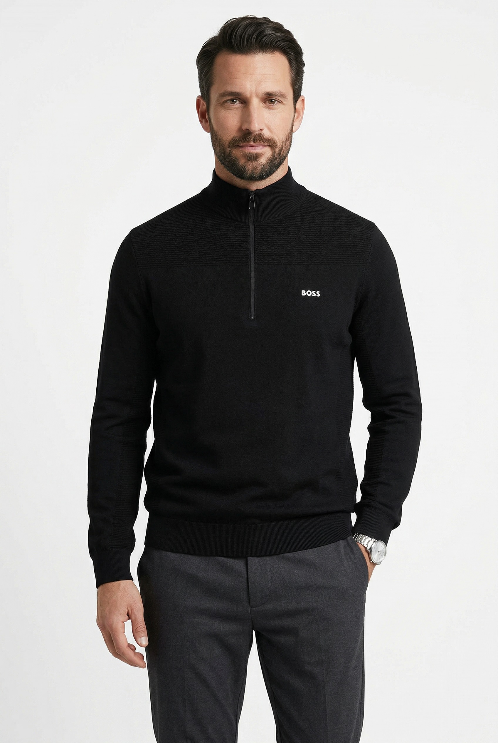 BOSS GREEN Strickpullover Stehkragen mit Reißverschluss, Regular Fit,