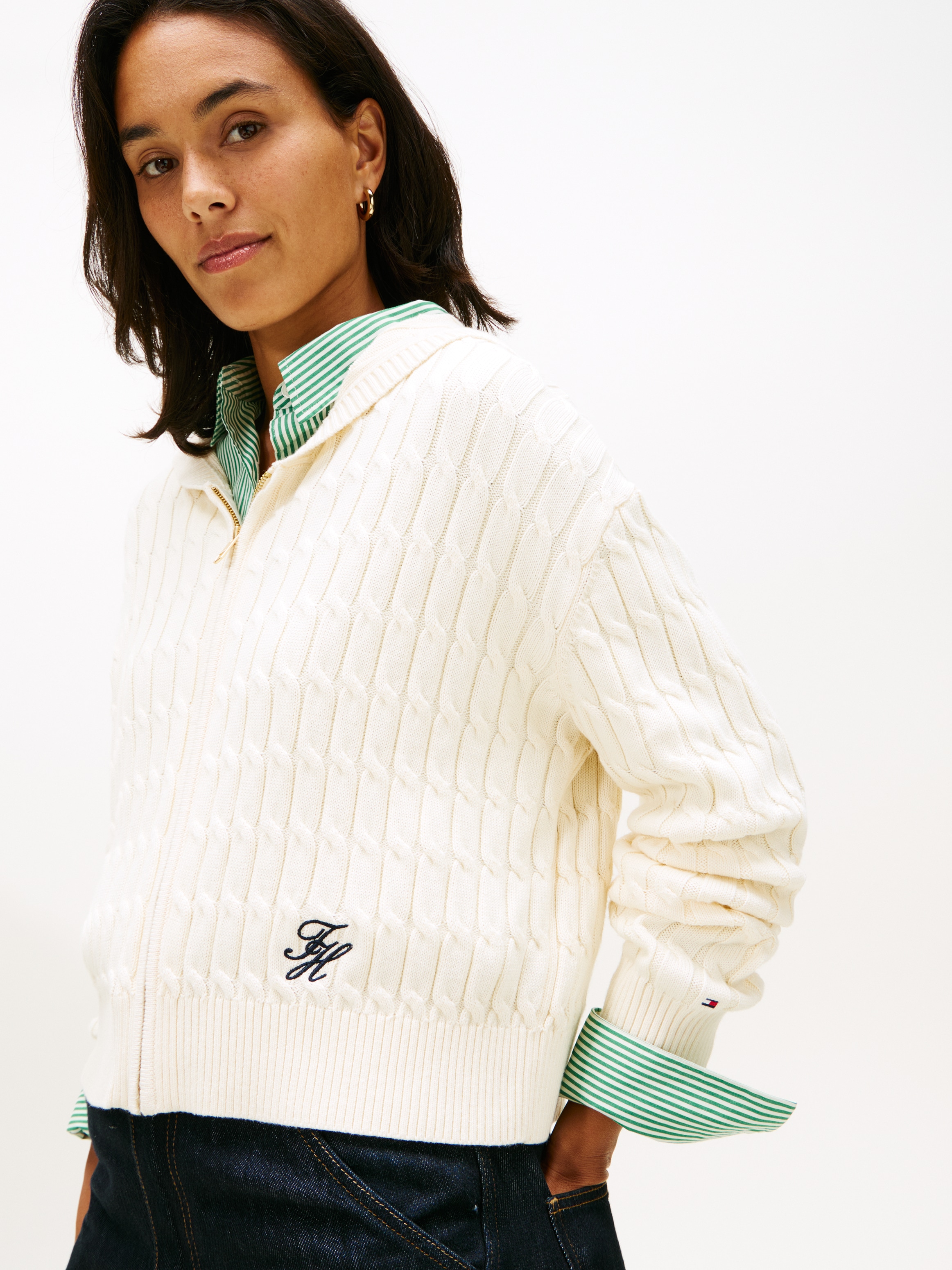 Tommy Hilfiger Kapuzenstrickjacke »CO CABLE MID GG LS ZIP HOODY« mit Zopfstrickmuster