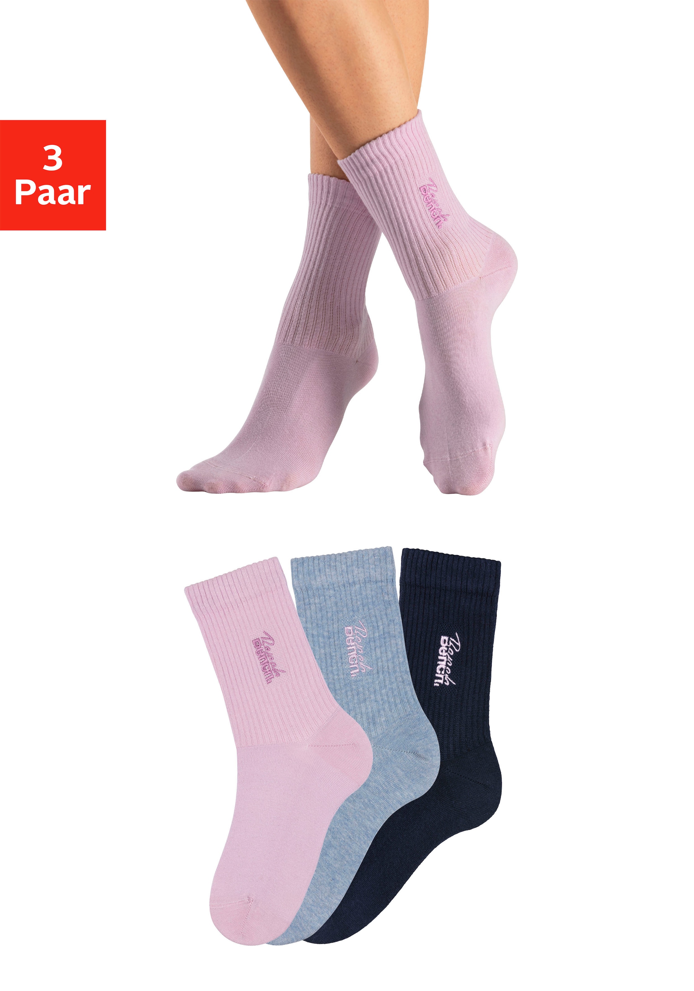 Bench. Basicsocken, (Packung, 3 Paar), mit Bench Stickerei