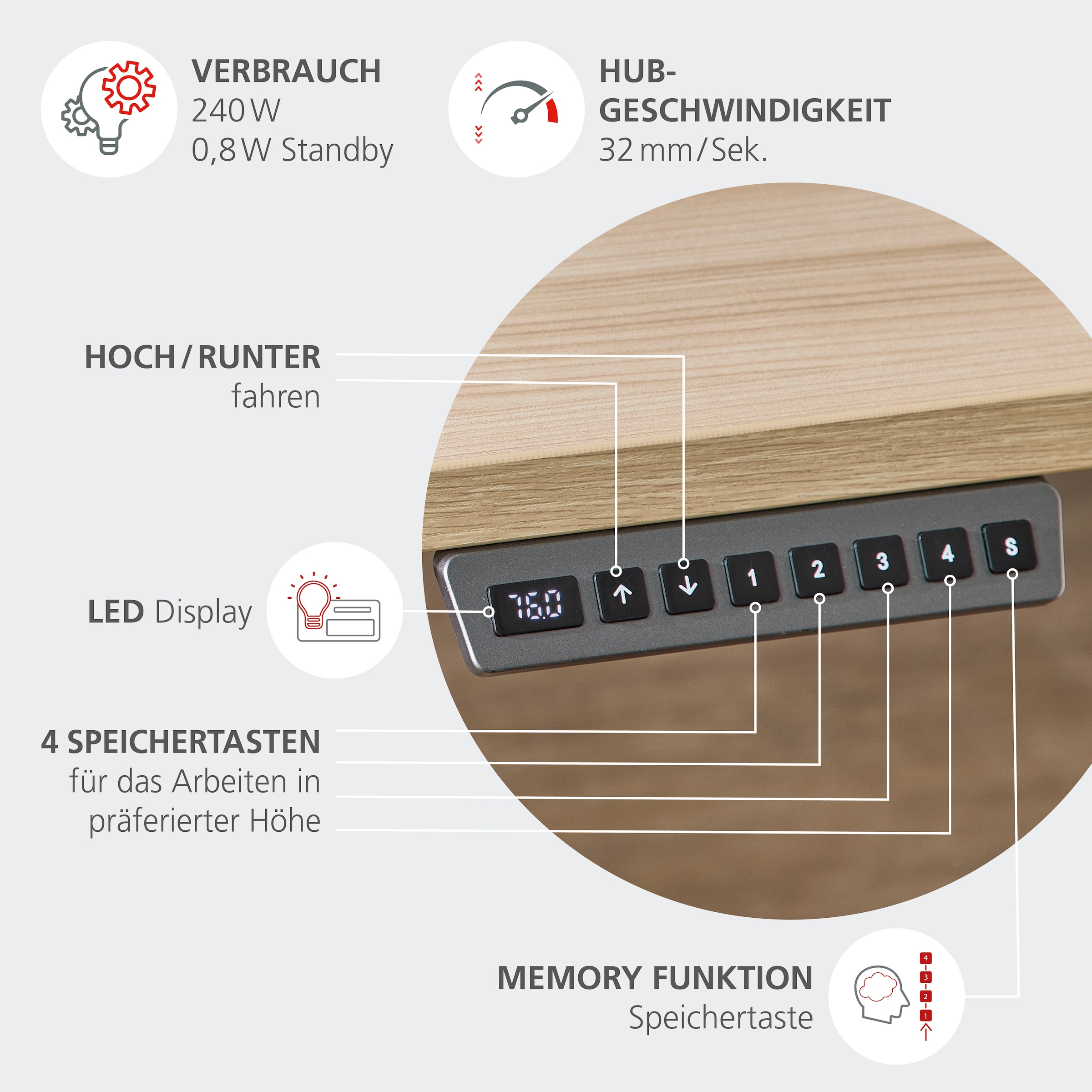 Innostyle Schreibtisch »Schreibtisch Santorin, 185/72/173 cm ( B/H/T)« 1 Stk. tlg. mit motor. Höhenverst. (72-120 cm) mit Memory-Funkt., li/re montierbar