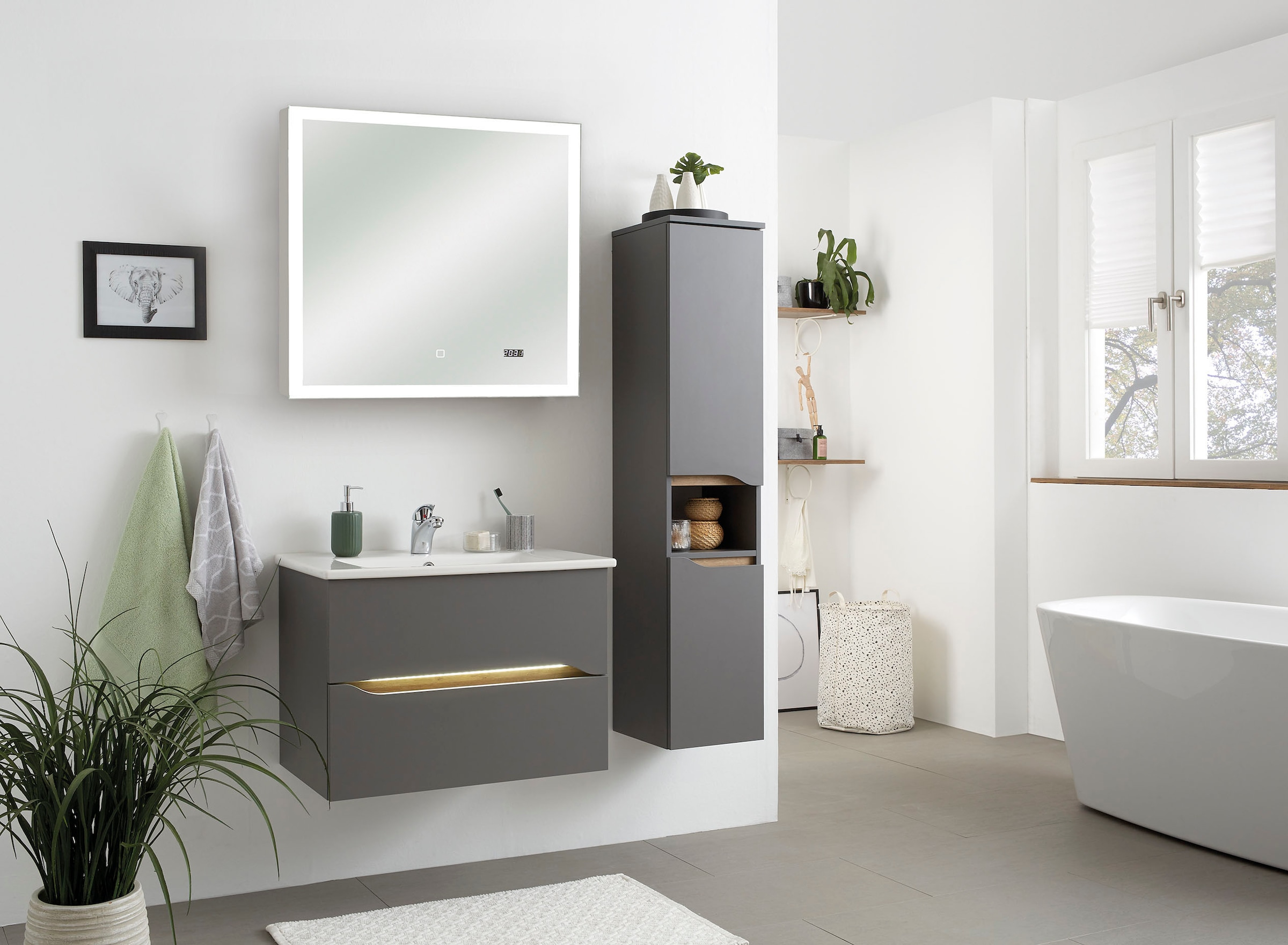 Saphir Badmöbel-Set »Quickset 3-teilig, Keramik-Waschtisch mit LED-Spiegel« 5 Stk. tlg.