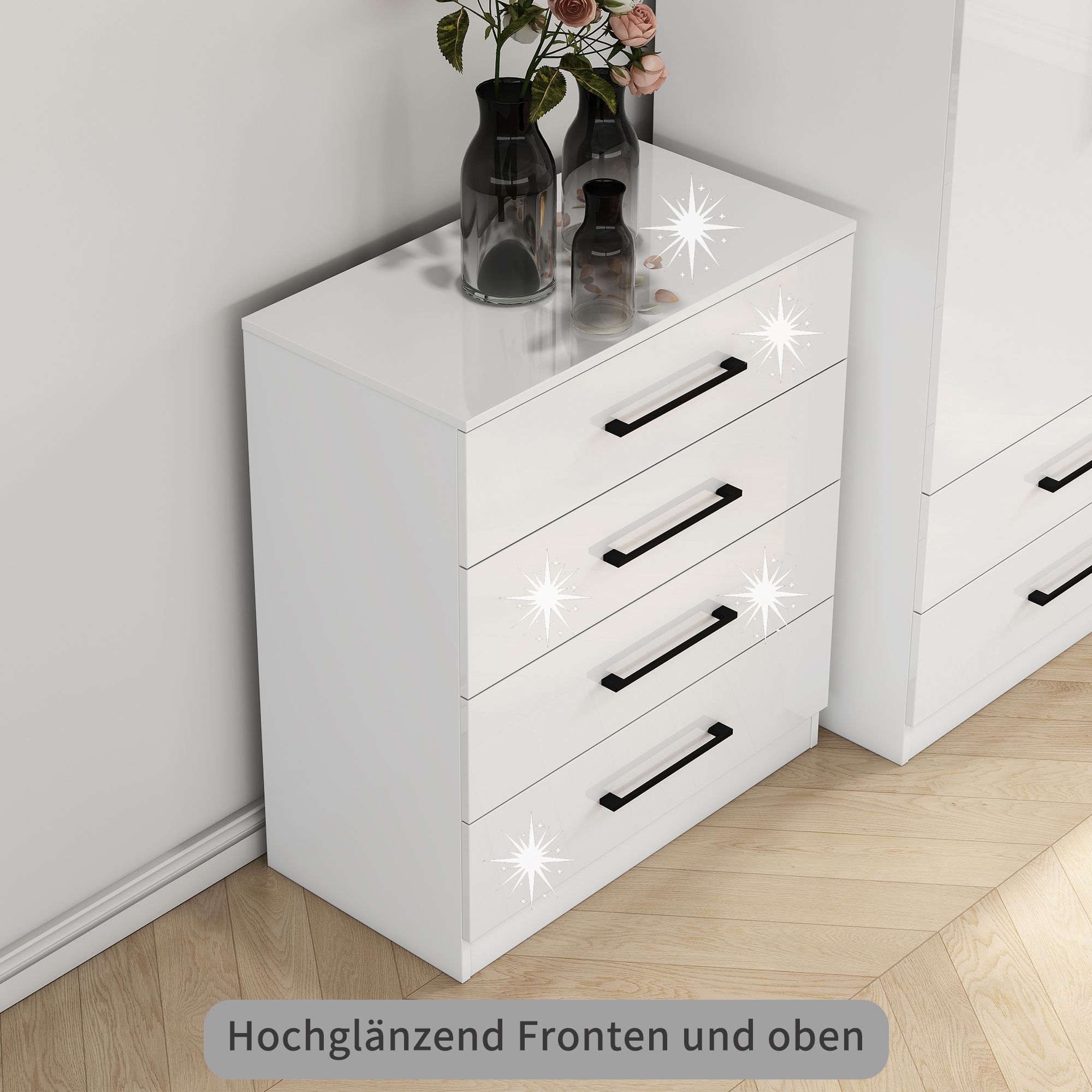OTTO home Schubkastenkommode »Sylt Schlafzimmerkommode Kommode Wäscheschrank Bestseller« Viel Stauraum im Schlafzimmer mit hochglänzenden Fronten, 1 Stk. tlg. Beistellschrank mit 4 Schubladen