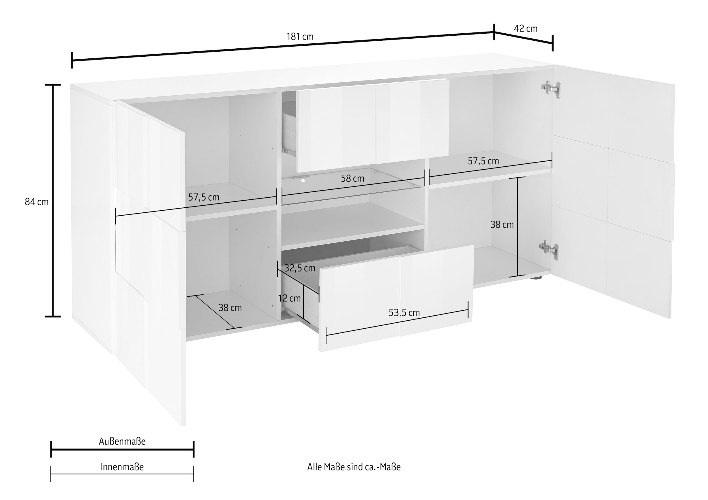 INOSIGN Sideboard »Dama Breite 181, Kommode 2 Türen u. 2 Schubkästen, Anrichte«, Front in 3D-Optik, viel Stauraum, verschiedene Farben
