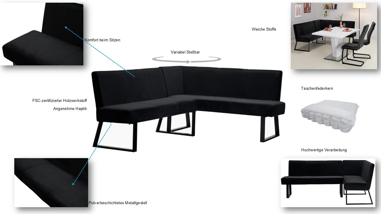 Home affaire Eckbank »Gladiole, TOPSELLER!, OTTOs Choice«, (Sitzbank, Esszimmerbank, Bank), mit Taschenfederkern, schwarzes Metallgestell, Breite 190 cm
