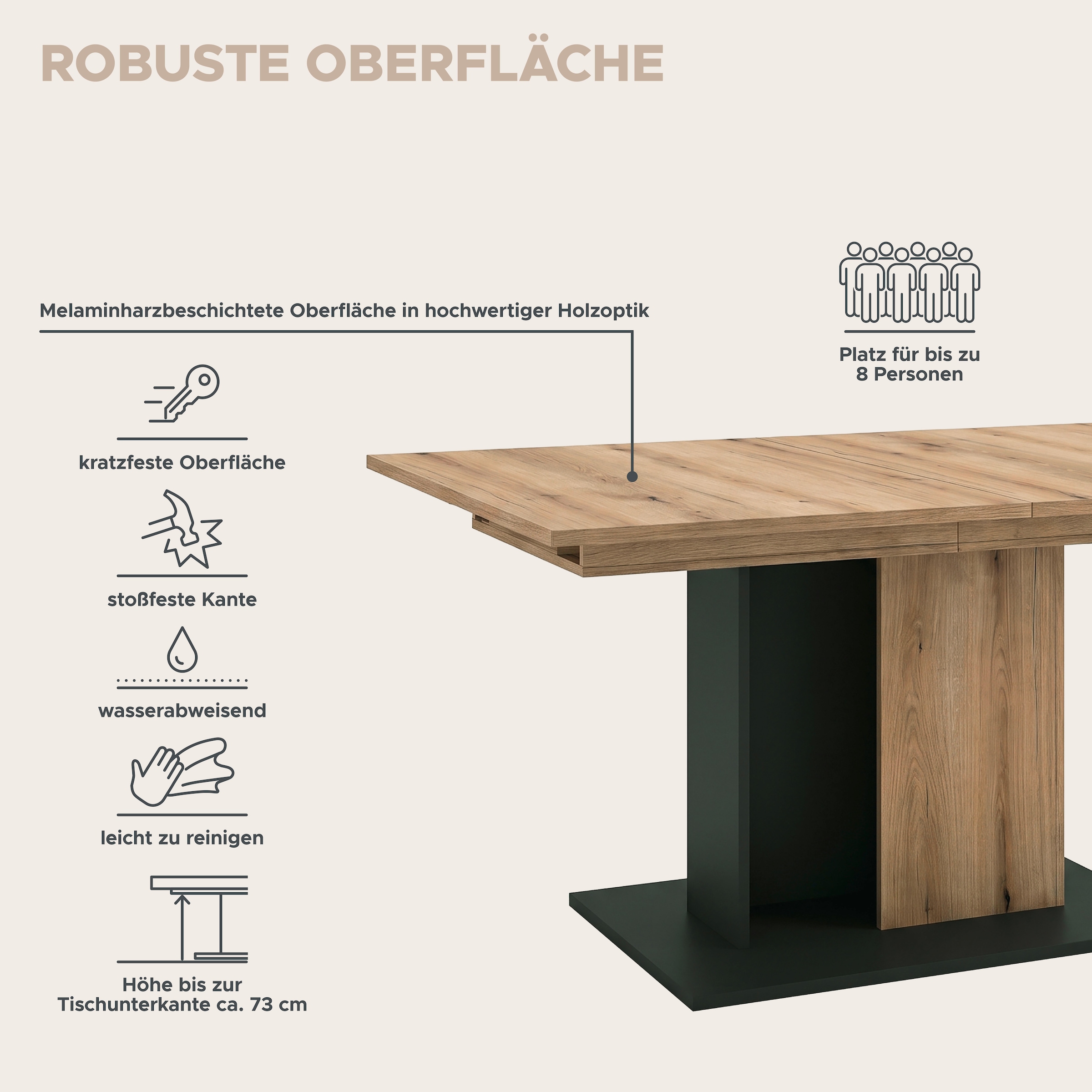 OTTO home Esstisch »MONOLITH, ausziehbar 150 -230 cm, inklusive 2x 40 cm Einlegeplatte« Doppelsäulen-Gestell mit Bodenplatte, Tisch, Küchentisch, Esszimmer