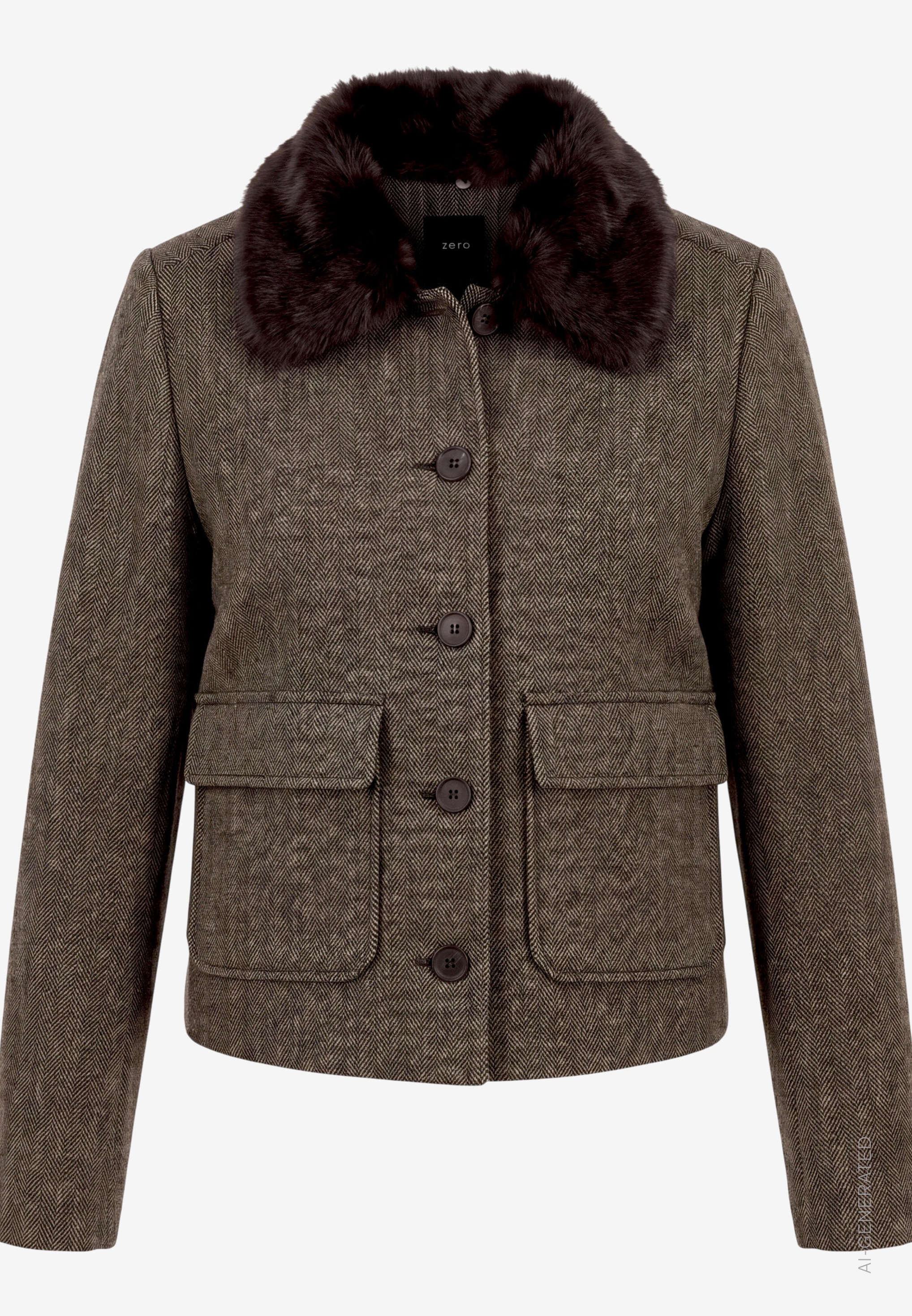 Zero Kurzblazer Übergangsjacke mit Kunstfellkragen / Fischgratmuster