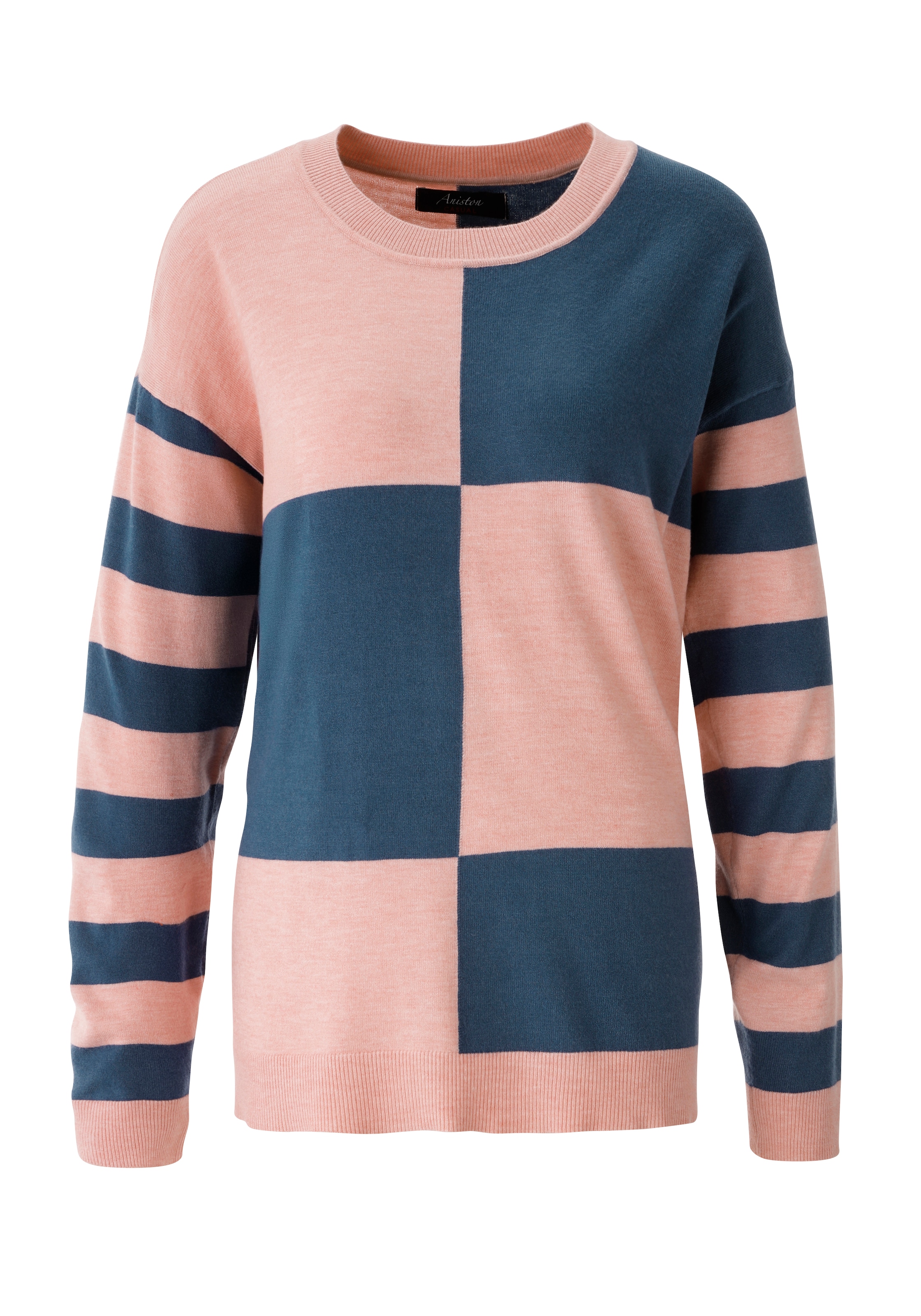 Aniston CASUAL Strickpullover mit großflächigem Patchmuster und geringelten Ärmeln - NEUE KOLLEKTION