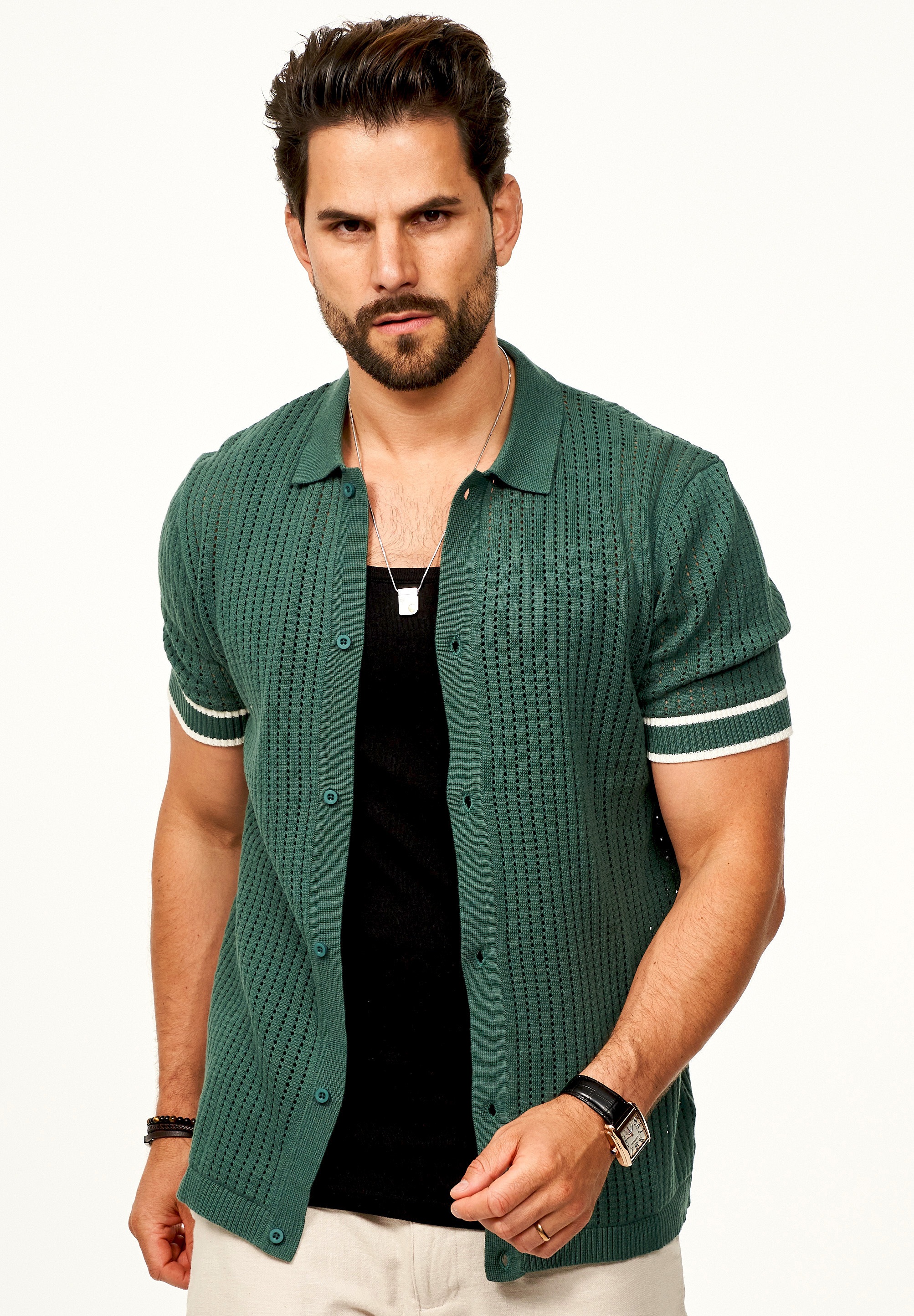 SOULSTAR Poloshirt »Kurzarm Strickhemd im Cardigan Stil mit Knopfleiste für Herren«