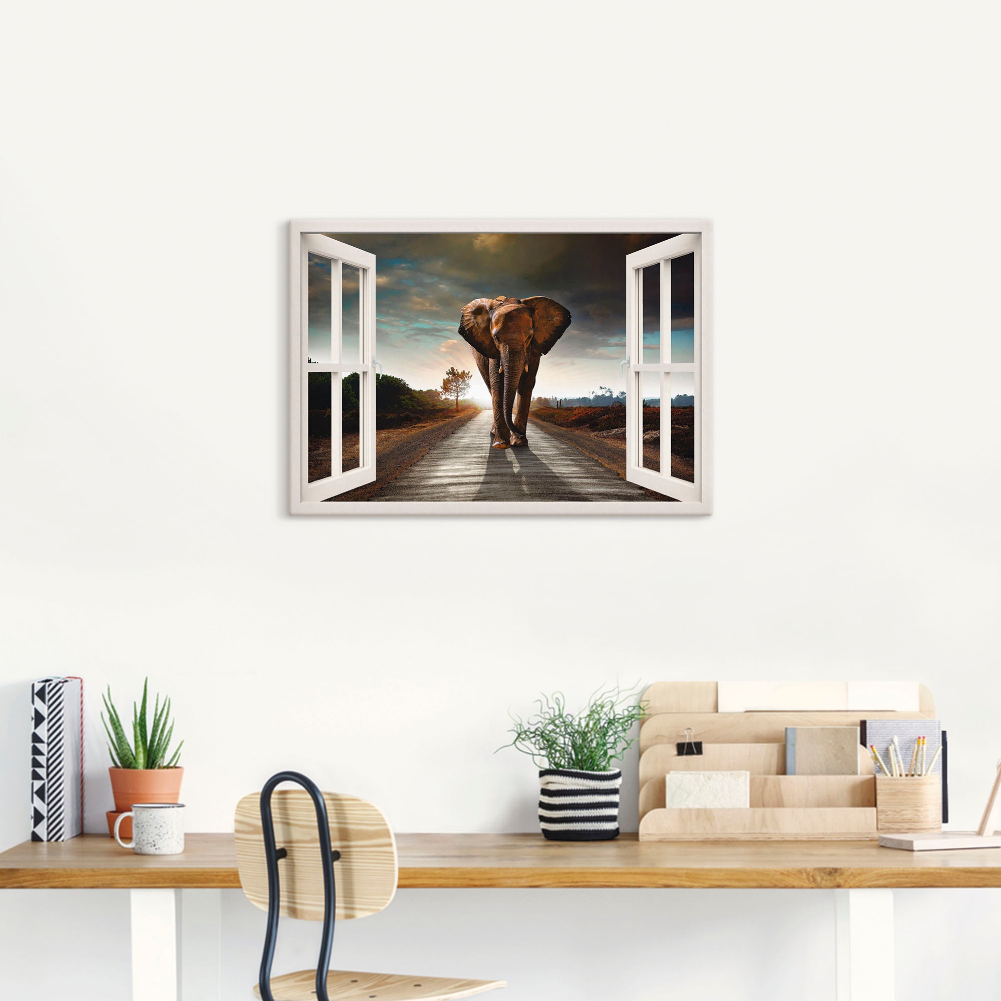Artland Wandbild »Elefant auf Straße«, Fensterblick, (1 St.), als Leinwandbild, Poster in verschied. Größen