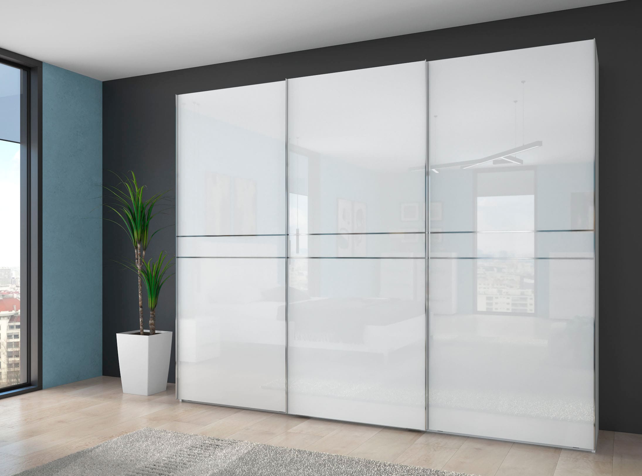 Places of Style Schwebetürenschrank »Piano, FSC-zertifiziert, mit Einlegeböden und Kleiderstangen«, (in 3 Breiten, 224cm hoch, mit verchromten Aufleistungen), UV lackiert, hochglänzend, mit Soft-Close Funktion, in beige oder weiß